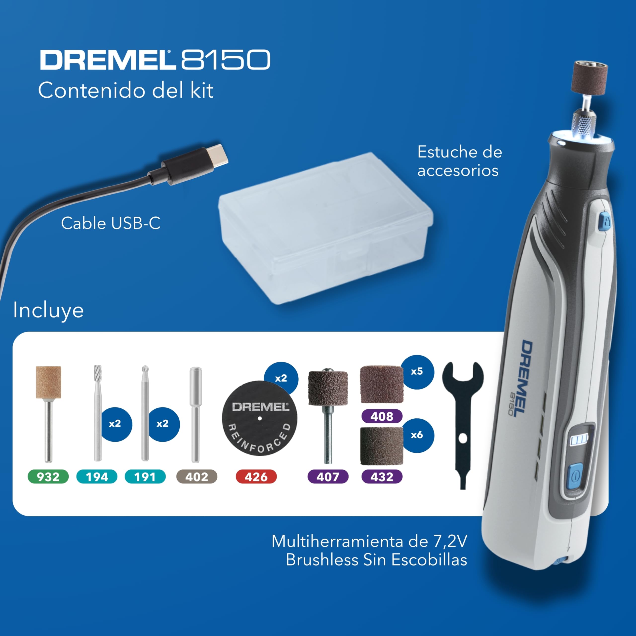 Dremel 8150 Multiherramienta a batería de 7,2 V 2Ah sin escobillas Herramienta Rotativa recargable por USB-C, 20 accesorios, Velocidad Variable 5.000-30.000 RPM, luz LED, corte, lijado, tallado