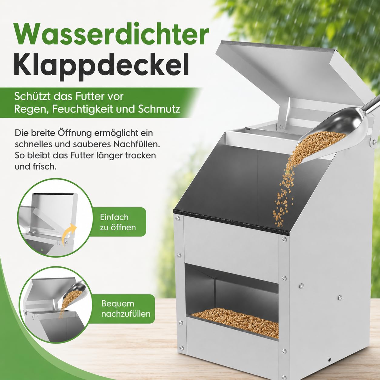 5kg Futterautomat Hühner, verzinkter Stahl, Hühnerfutter Automat rattensicher, wasserfest – Hühner Futterautomat für Stall/Freiland, inkl. Handschuhe, Löffel, Kratzschutzstreifen