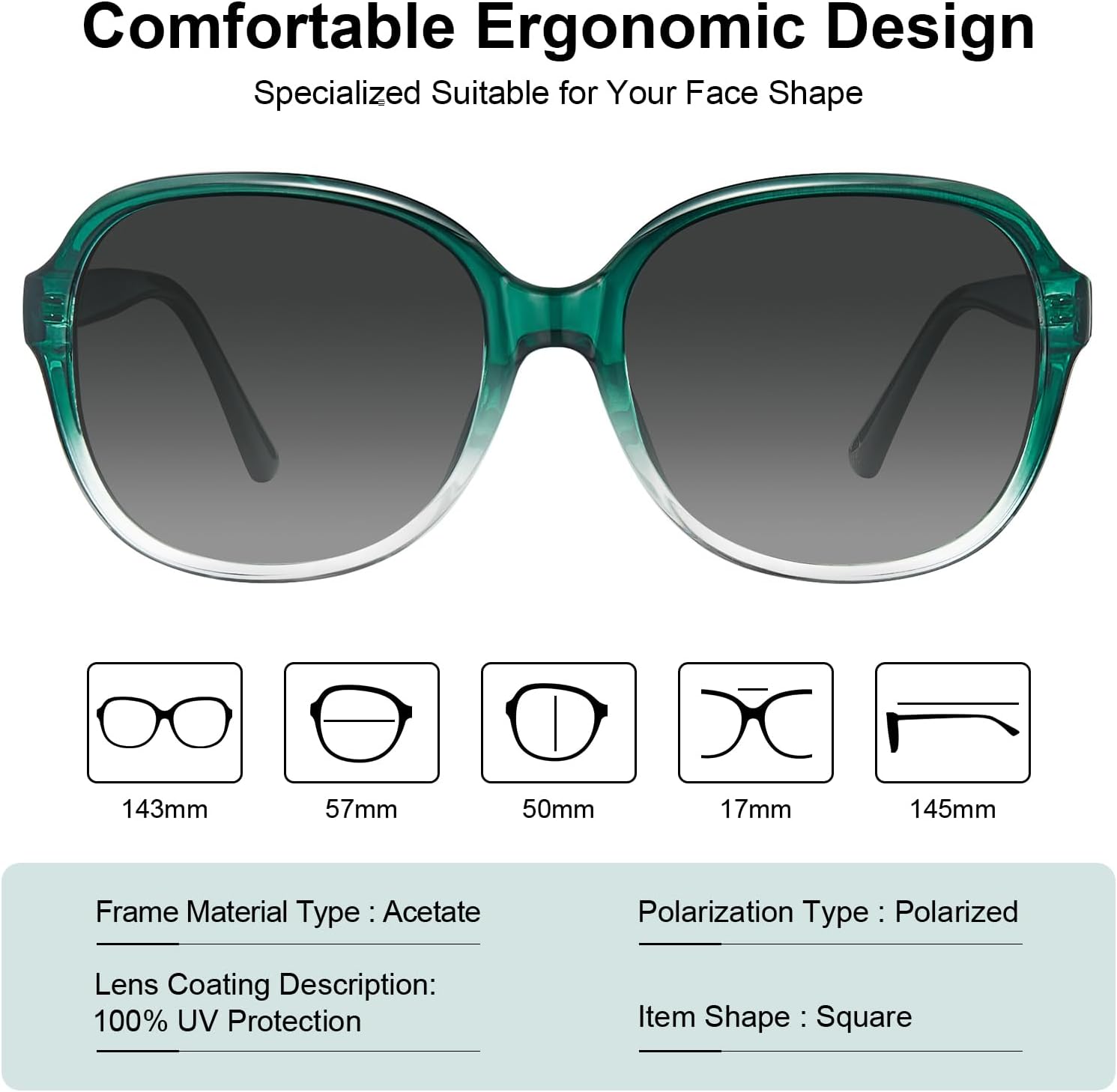 CARFIA Acetate Oversized Square Polarized Sunglasses for Women UV Protection Retro Trendy Big Shades - Image 3