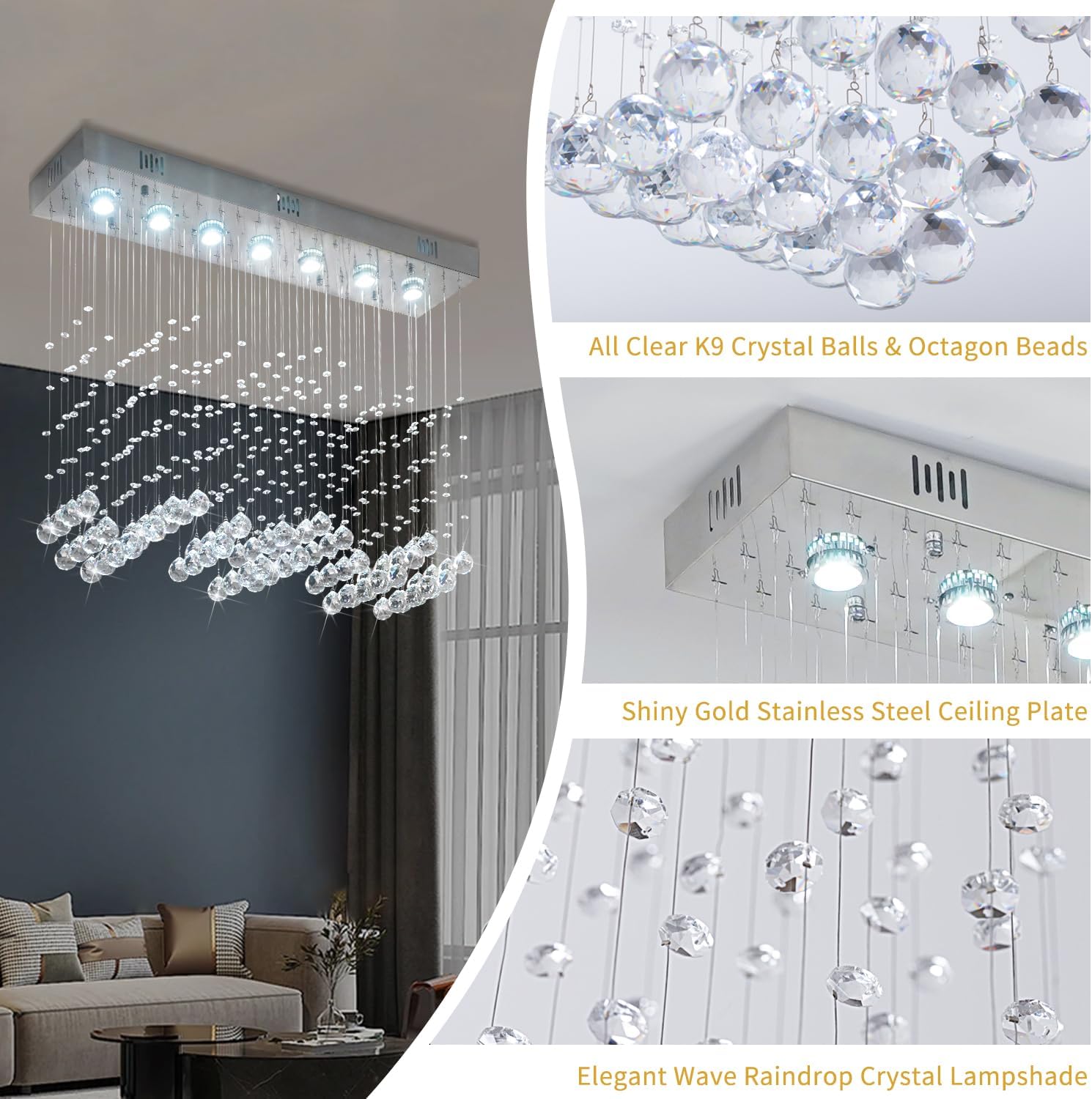 Crystal Chandelier Modern Chandelier 7-Light Rectangular Deluxe Wave Chandelier Ceiling Light Fixture Raindrop Chrome Flush Mount Pendant Lamp for Kitchen Island Bedroom Dining Room