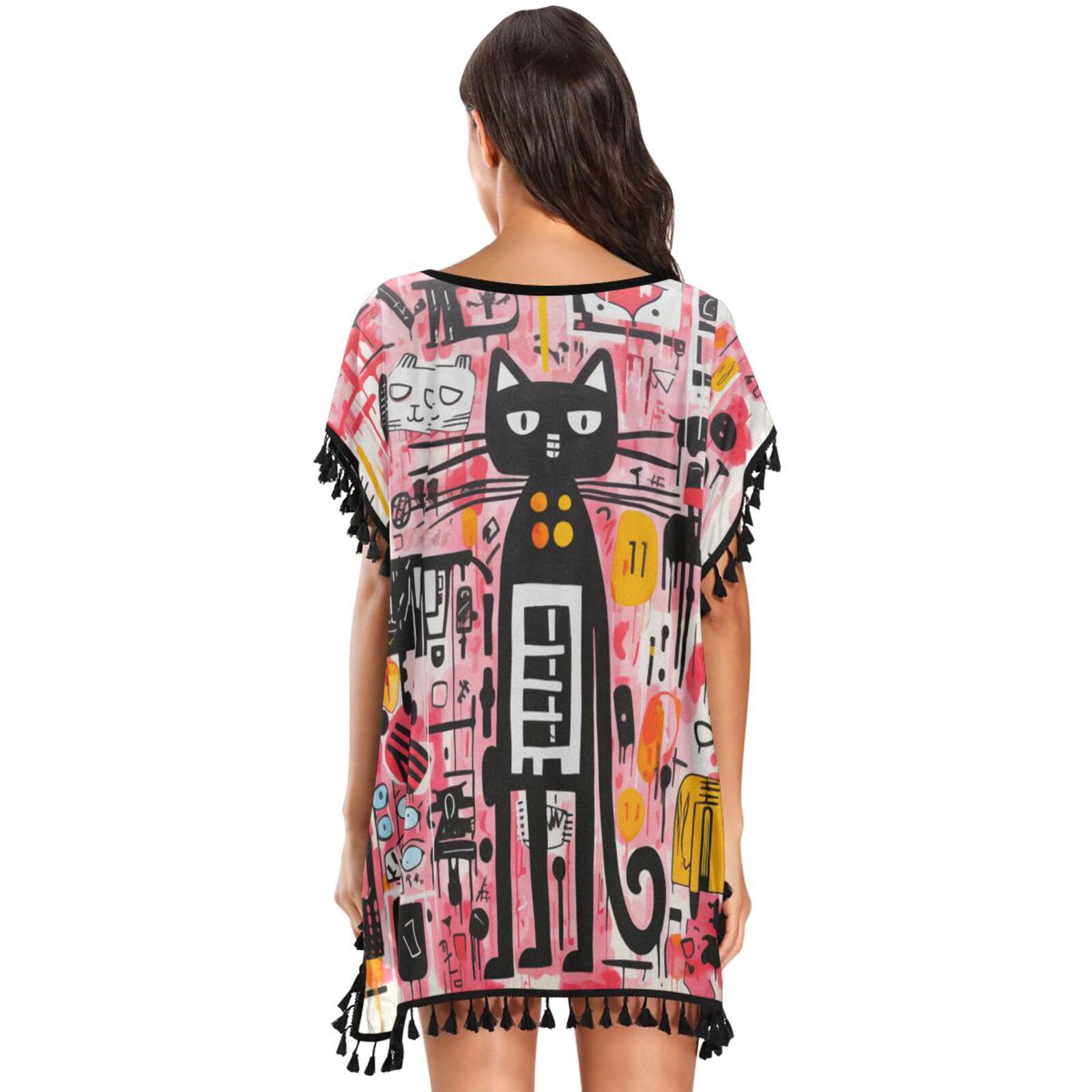 Pink Black Cat Art Women's Beach Cover Up Chiffon Tassel Swimwear Swimsuit Coverups for Girl