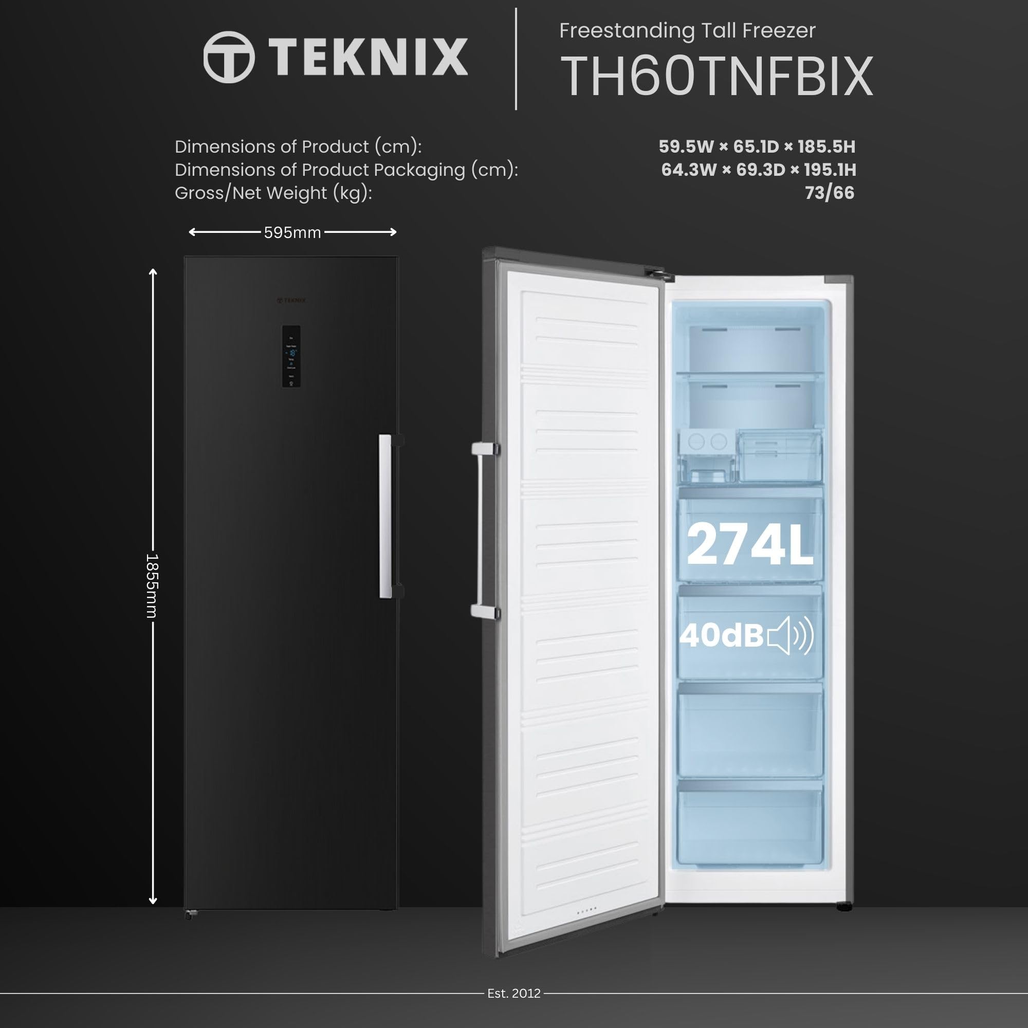 Teknix TH60TNFBIX Tall Freestanding Freezer - Upright with 274 Litre Capacity - No Frost - Suitable for Outbuildings - Metal Tech Cooling - Black Stainless Steel, 185.5H x 65.1D x 59.5W (cm) — view 3