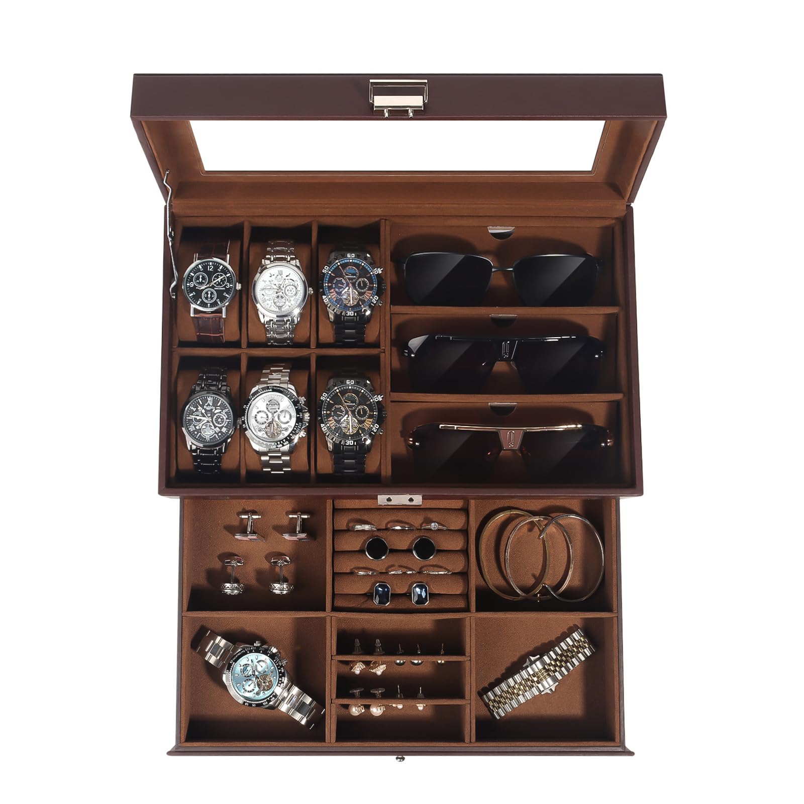 Boîte à montres 6 emplacements étui rangement lunettes de soleil et bijoux homme