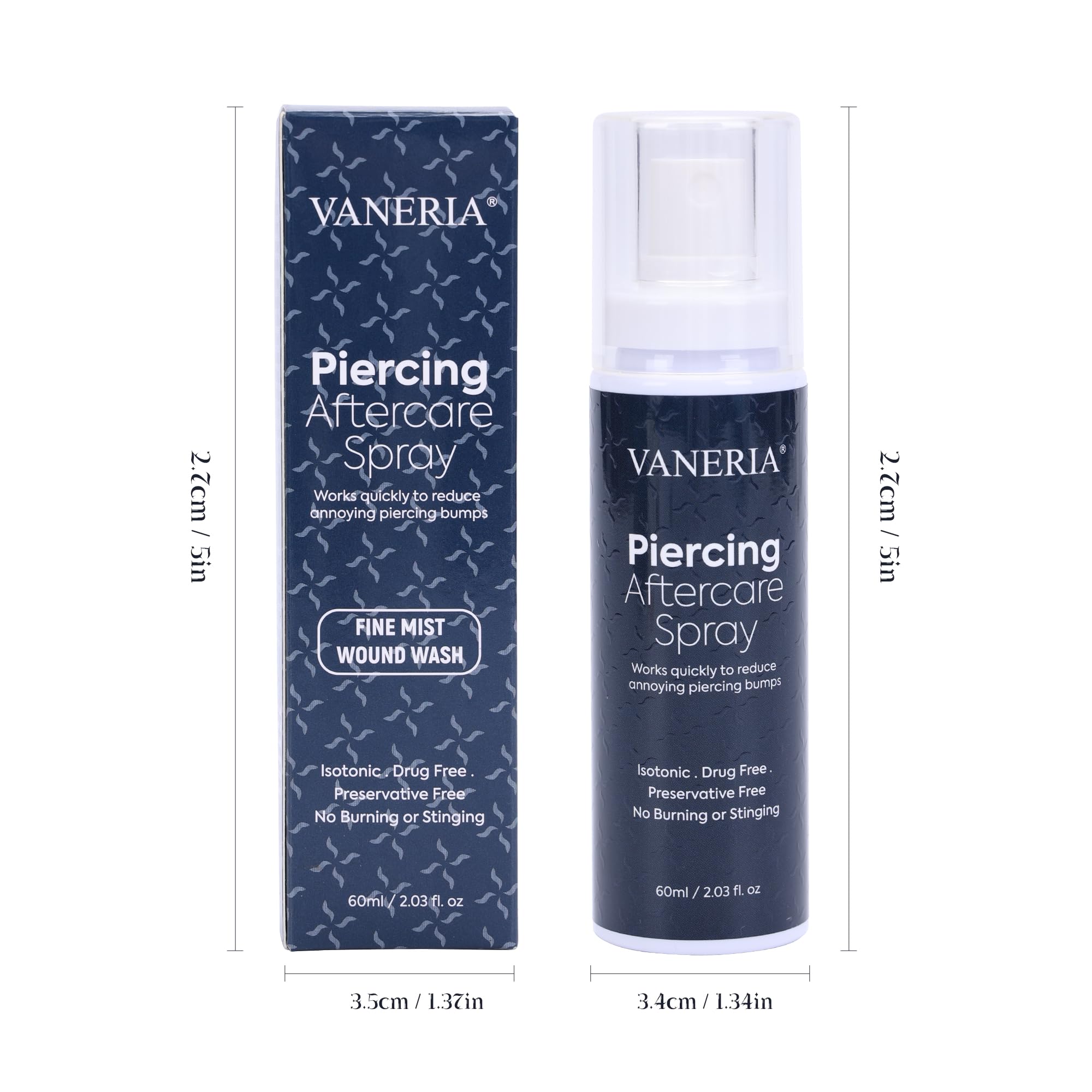 VANERIA Piercingspray Piercingcare, Spray Cuidado Post-Punción, Tatuajespray Para la perforación de orejas, nariz y otras partes del cuerpo 60ml