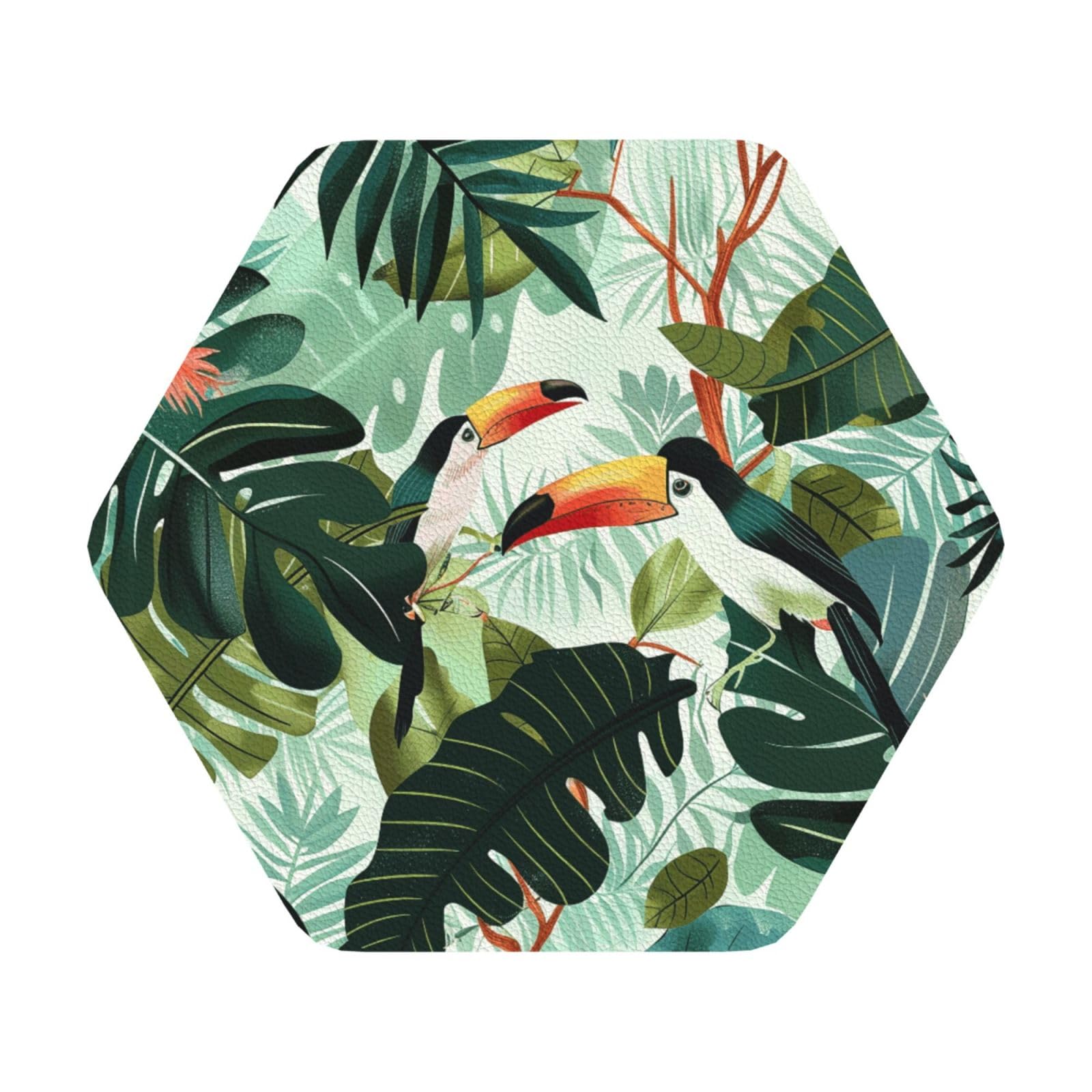 Tropical Leaves Bird Print Leather Coaster Set of 6, Hexagon Coasters Table Decorative Coffee Cup Beverage Coasters Wine Beer Bar Coasters for Hot Drinks Table Protection