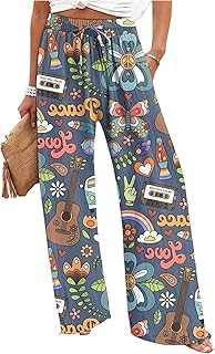 Women's Graphic Print Wide Leg Pants Tie Front Elastic Waist Baggy Casua...