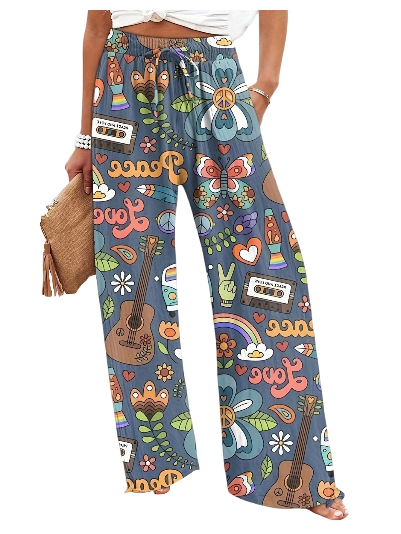 SOLY HUX Womens Graphic Print Wide Leg Pants Tie Front Elastic Waist Baggy Casual Vacation Long Trousers