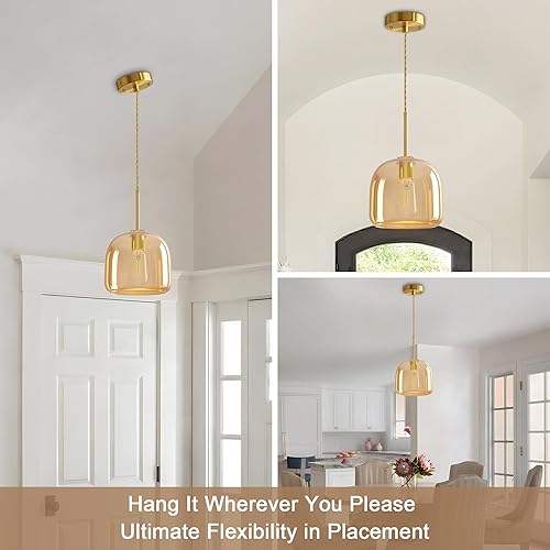 Miniatura 5 de Luces colgantes de isla de cocina, lámpara colgante dorada, luces colgantes de latón con pantalla de vidrio ámbar, lámpara colgante ajustable para