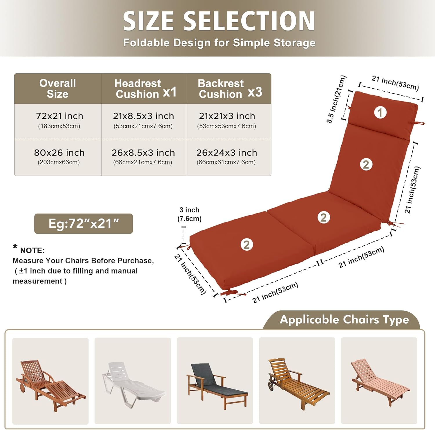 Chaise Lounge Cushion 72x21x3 Inch ?Set of 2 Outdoor Lounge Chair Cushions, Lounger Pad Replacement with Fade-Resistant, Removable & Machine-Washable Covers, Ideal for Patio Chaise Chairs, Rust Rust 72 x 21 | 2P
