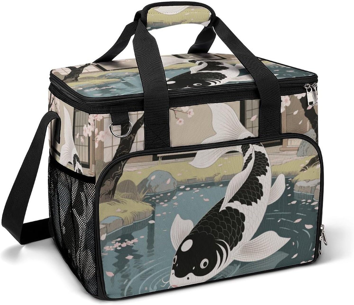 Insulated Picnic Backpack Tote Bag, Large Capacity 30L Japanese Yin Yang Koi Fish Cooler Bag Leakproof Beach Bags Portable Lunch Box Waterproof Picnic Basket for Beach Camping BBQ
