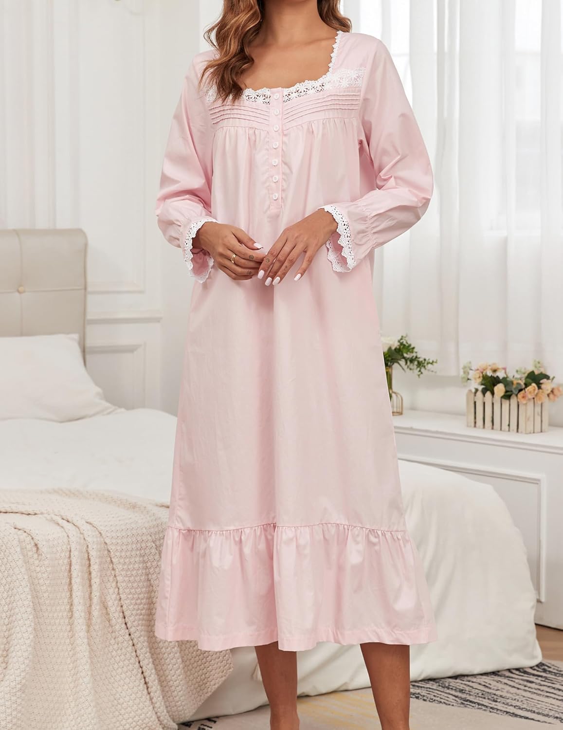 100% Cotton Nightgowns For Women Victorian Night Gown Long Sleeve House Dress With Pockets S-3XL - Image 3