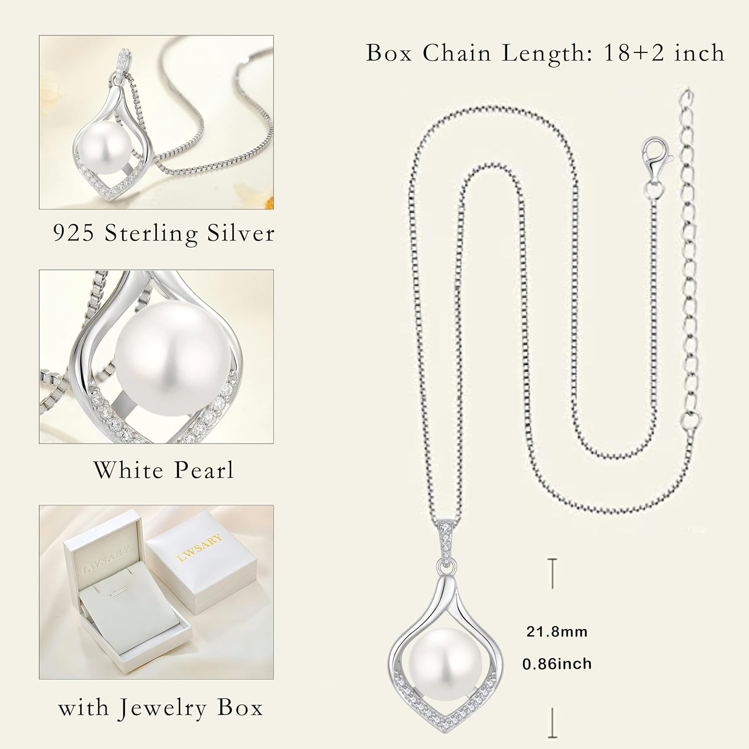 925 Sterling Silver Pearl Necklace with 10MM Pearl for Women