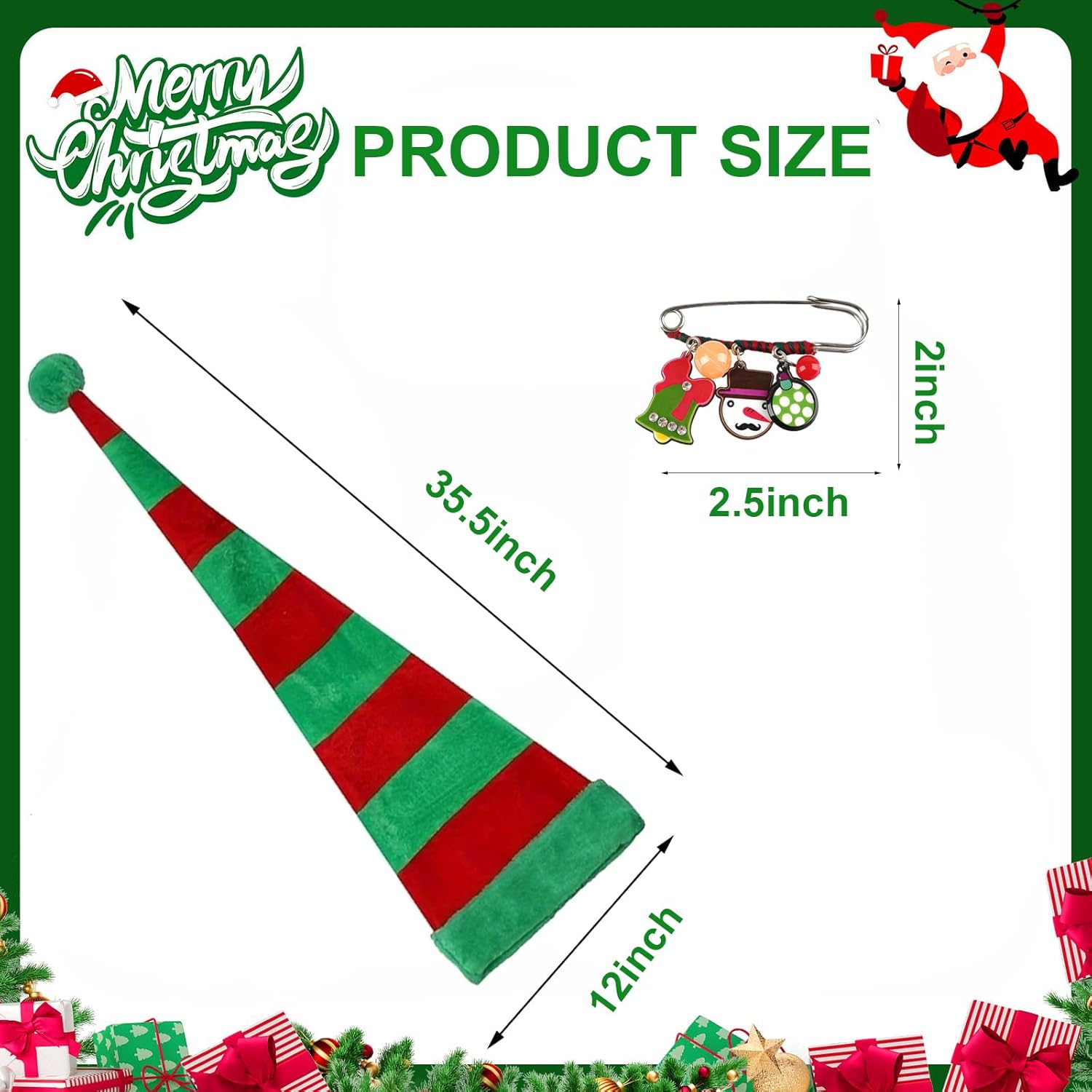 Christmas Elf Hat, Elf Santa Hats with Cute Brooch Pin, Red and Green Strips Elf Hats for Christmas Party - Image 3