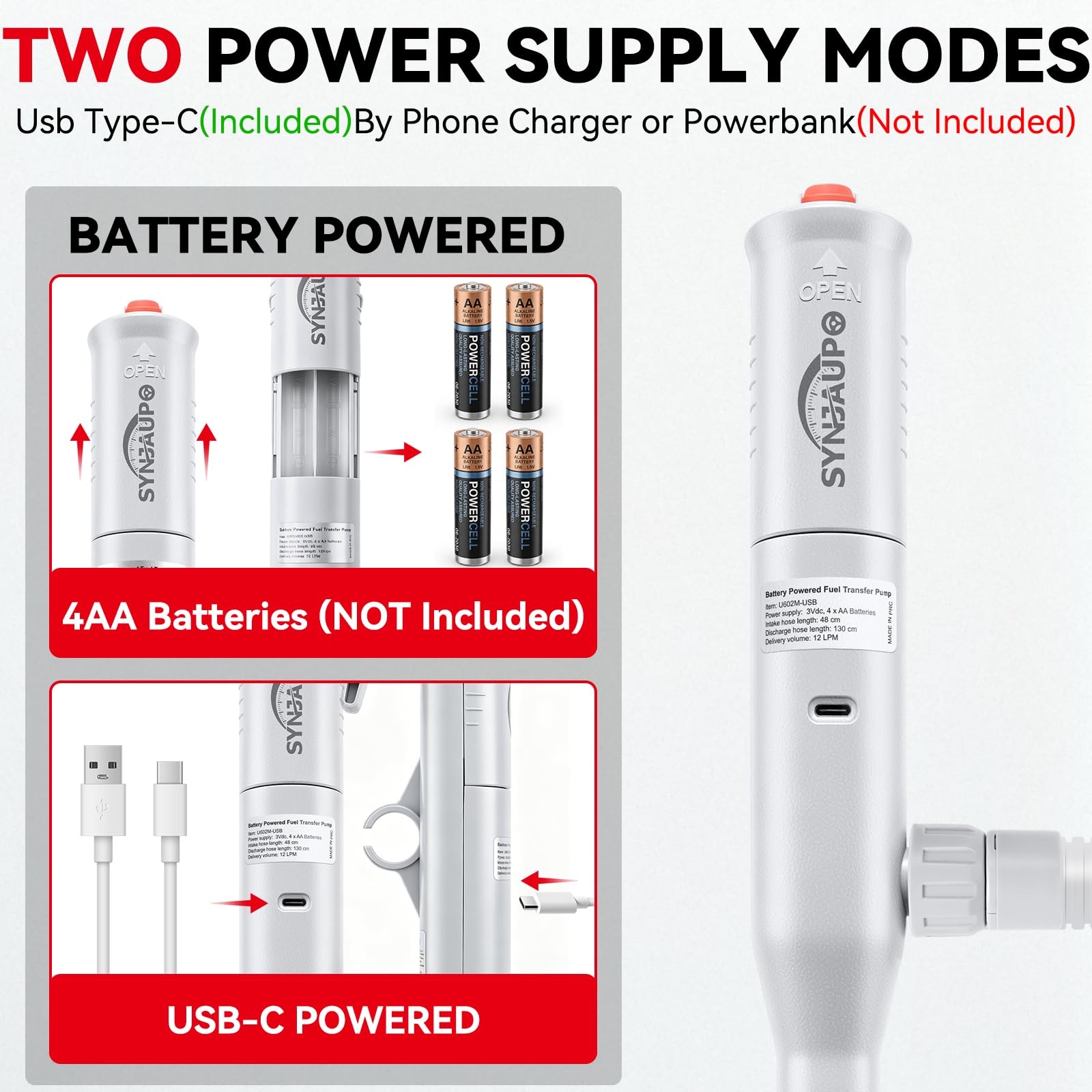 Pompa Elettrica per Carburante con Ugello manuale,12 L/Min | 3,2 GPM,ADoppia Alimentazione USB-C/AA,Ingresso Olio da 28 mm,Cavo di ricarica USB,Pieghevole,Tubo da 130 cm,Regolazione