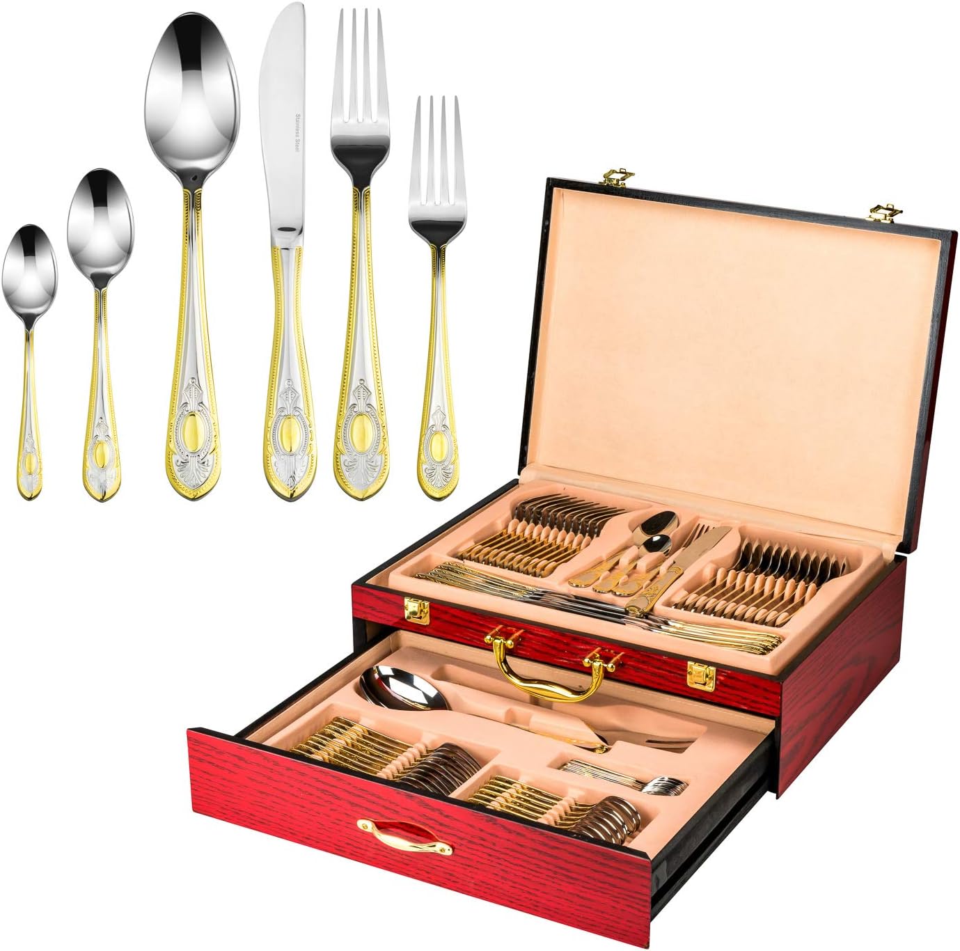 75-Piece Cutlery Set 'Averardo' Luxury Surgical Stainless Steel Silverware Flatware Set 18/10, Service for 12 Person, 24K Gold-Plated Hostess Serving Set in a Cherry Wooden Case