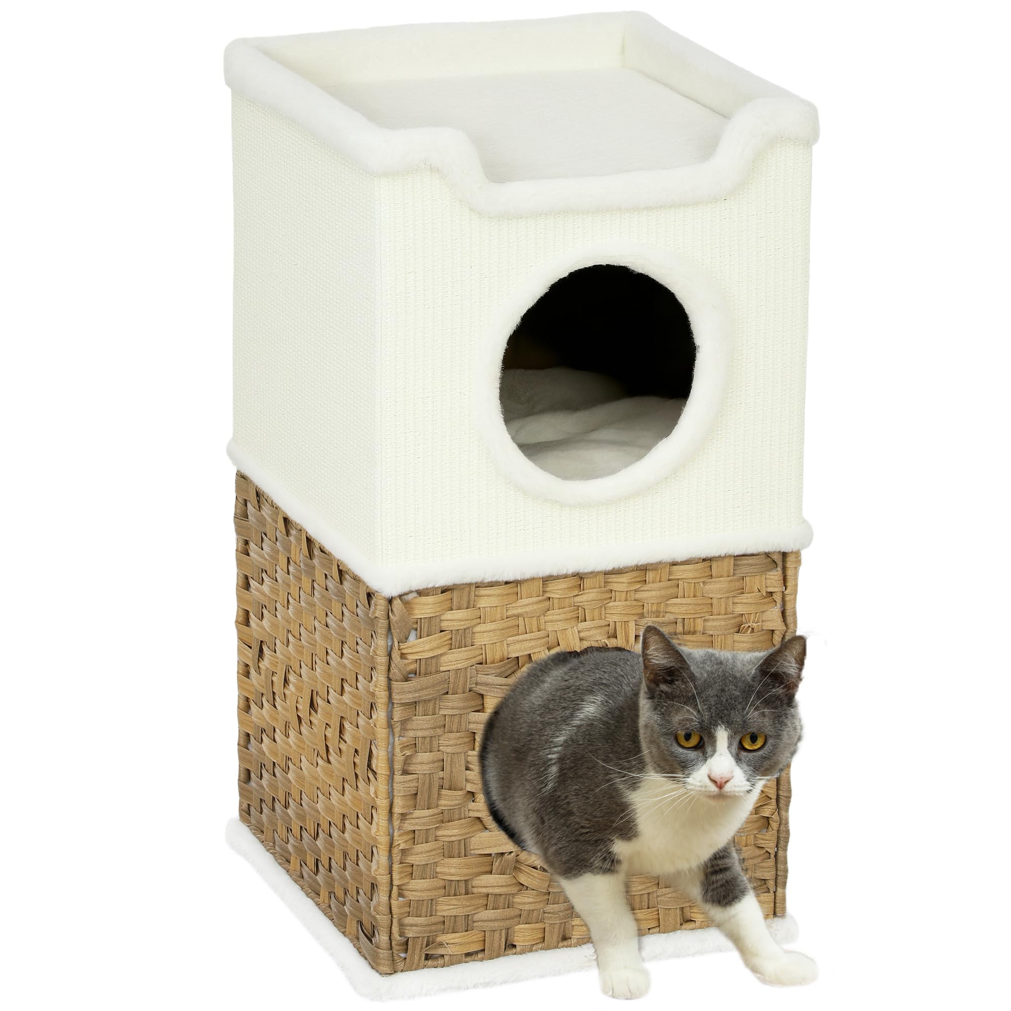 PawHut Tiragraffi alto 75,5 cm, a tre piani, con bordo in peluche, cuscino, grotta per gatti, albero tiragraffi per gatti di medie dimensioni, bianco crema