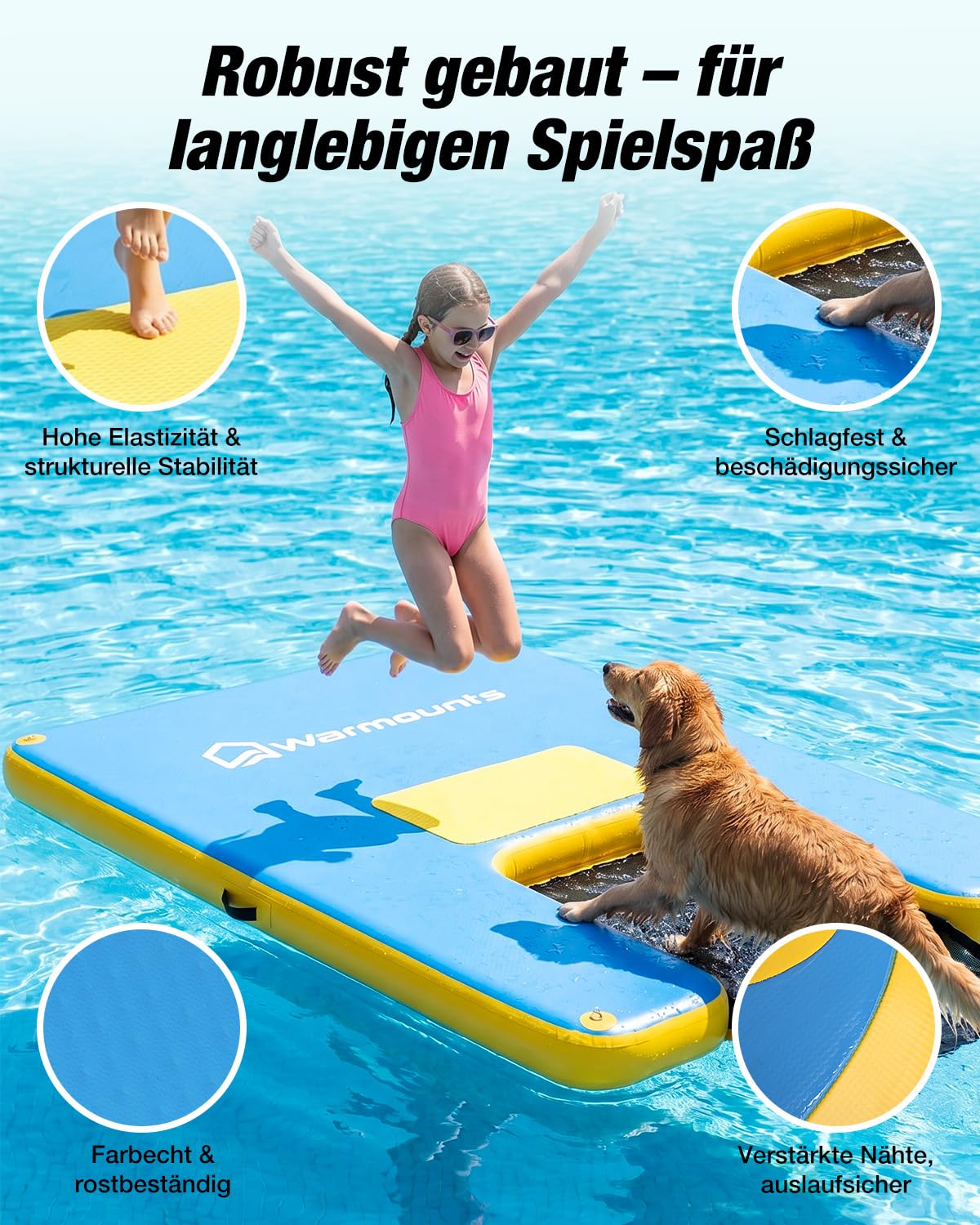 WARMOUNTS Aufblasbare Schwimminsel mit Hunderampe, 244x183cm Schwimmplattform Wassermatte für Erwachsene und Hunde, 317kg Tragkraft Drop-Stitch Badeinsel mit Pumpe, Tasche für See, Pool und Boot