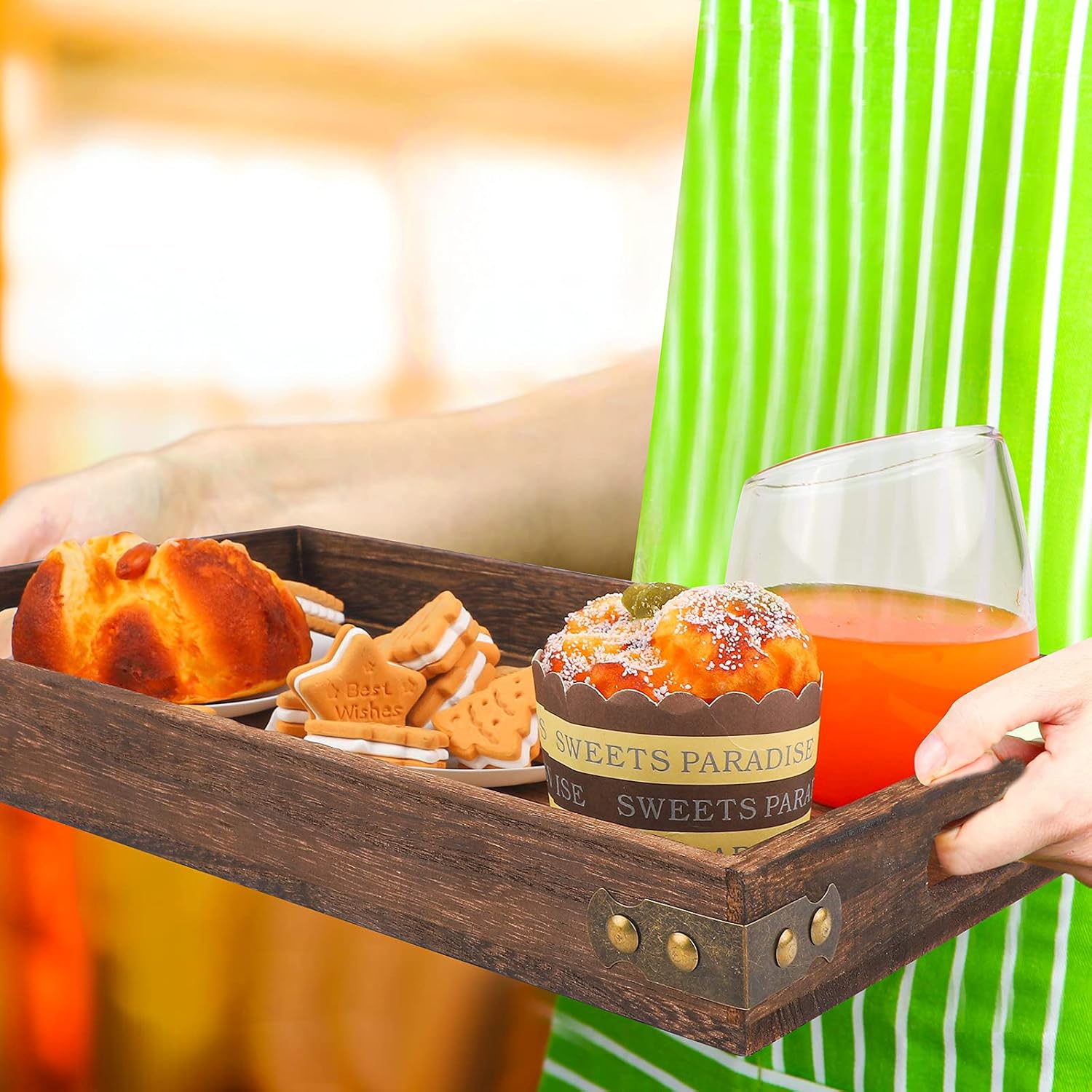  | Aodaer 4 Pieces Serving Trays with Handle Nested Serving Trays Rectangular Shape Paulownia Trays for Food, Kitchen, Party, Home Decoration (Dark Brown, Paulownia): Serving Trays