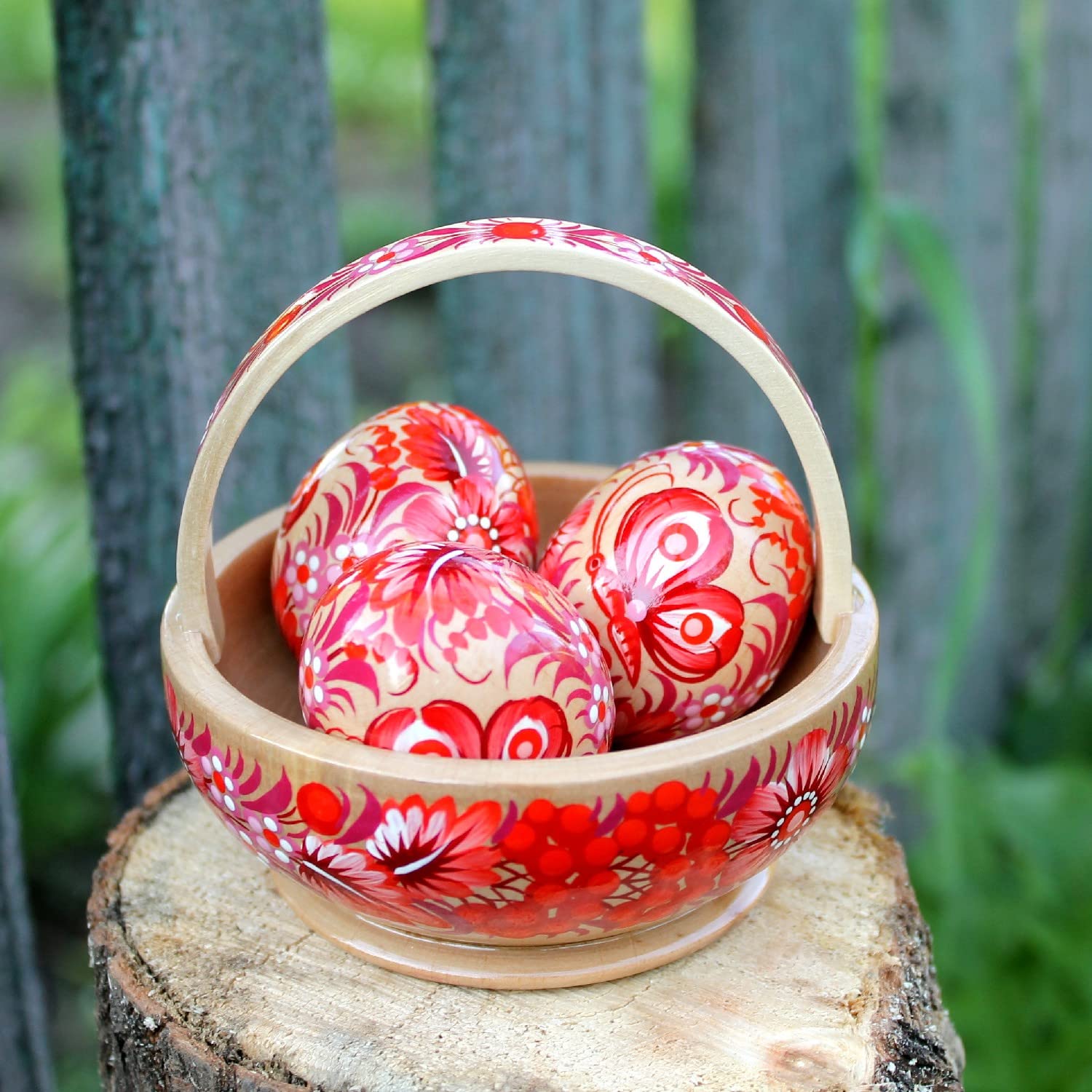 Originelles Osterkörbchen aus Holz | Hochwertige Ostertischdeko | Ukrainische Ostereier aus Holz | schönes Ostergeschenk
