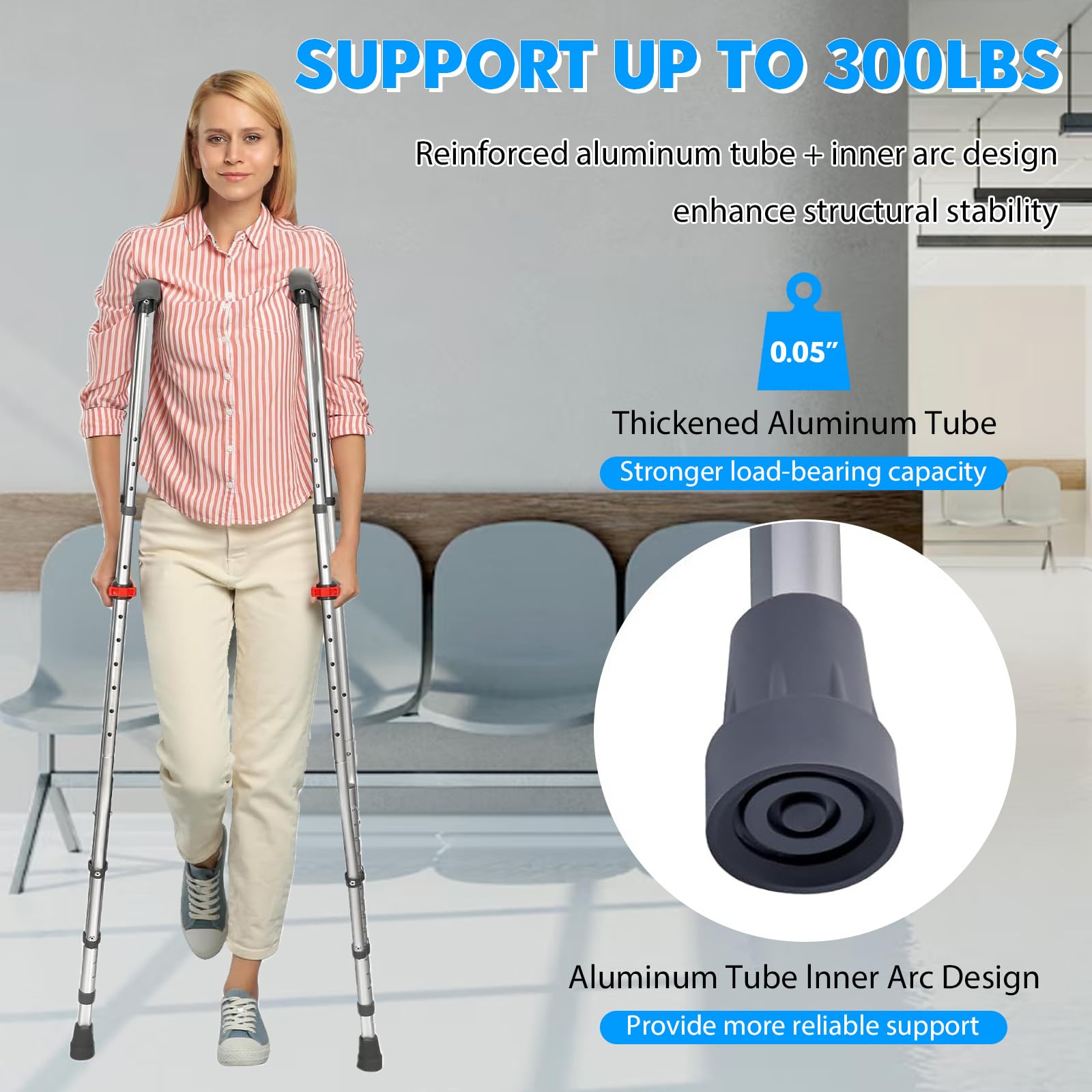 Stampelle ascellari, stampelle, supporto per avambracci, regolabile in altezza, in alluminio, leggeri supporti per avambracci, con morbidi cuscinetti, pieghevole, per anziani e disabili, stampella