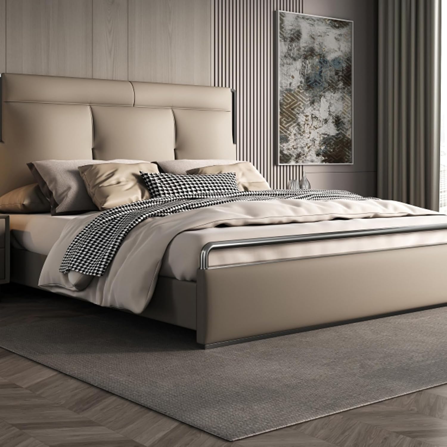 Modern King Size Genuine Leather Bed with Wingback Headboard and Storage Drawers Strong Wooden Slat Support, No Box Spring Needed Easy Assembly Noise Free