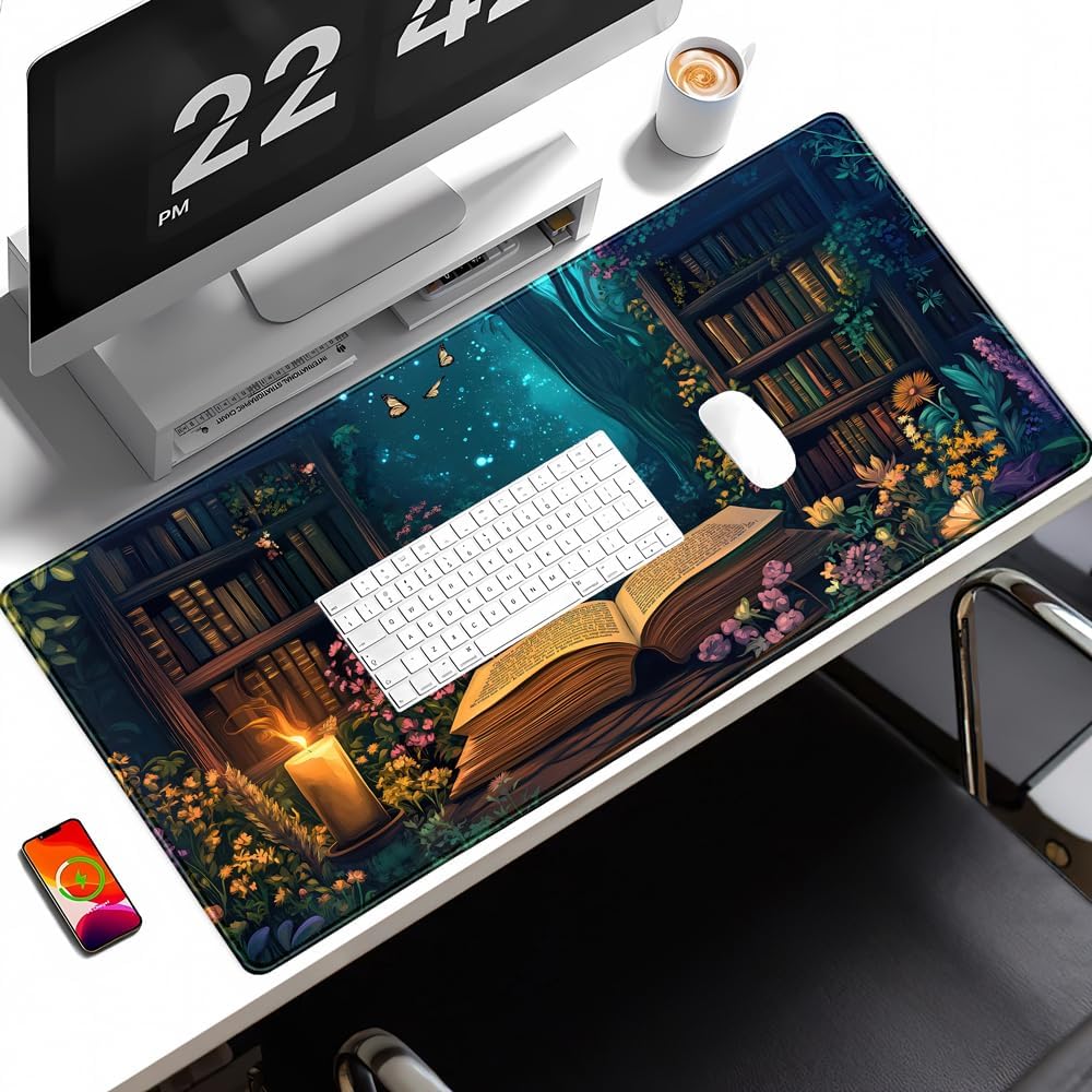 Gothic Desk Mat Gaming Desk Pad Blue Forest Large Mouse Pad, Mysterious Library Mouse Mat XXL Laptop Keyboard Pad, Vintage Gamer Mouse Pad Full Mousepads for School Office Home 31.5"x15.7" - Image 4