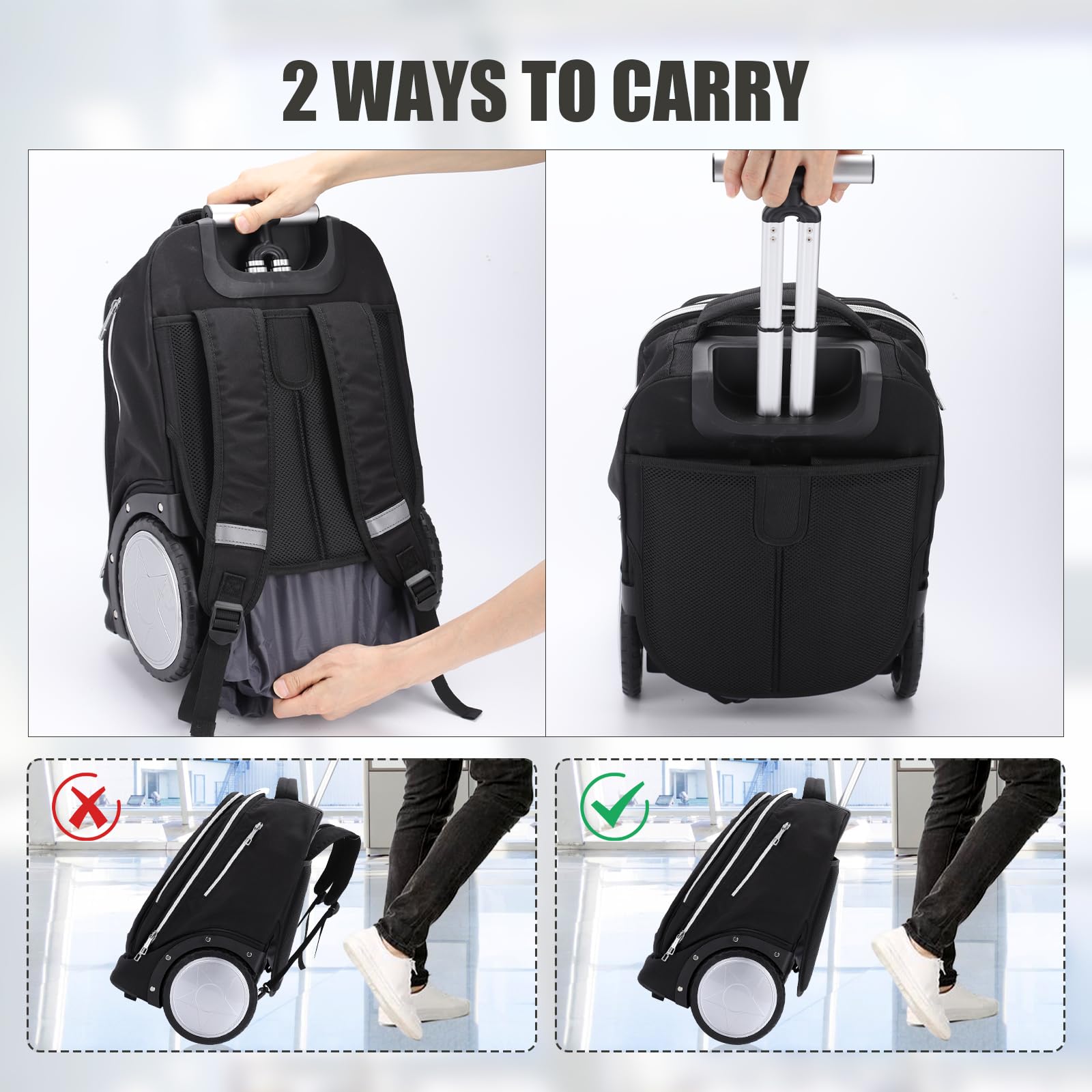 Rucksack mit Rollen, Rucksack trolley doppelt verstärktem Teleskopgriff, leichtes Hinauf- und Hinuntergehen von Treppen, Handgepäck-Rucksack mit Laptopfach für Geschäftsreisende und Pendler, Schwarz