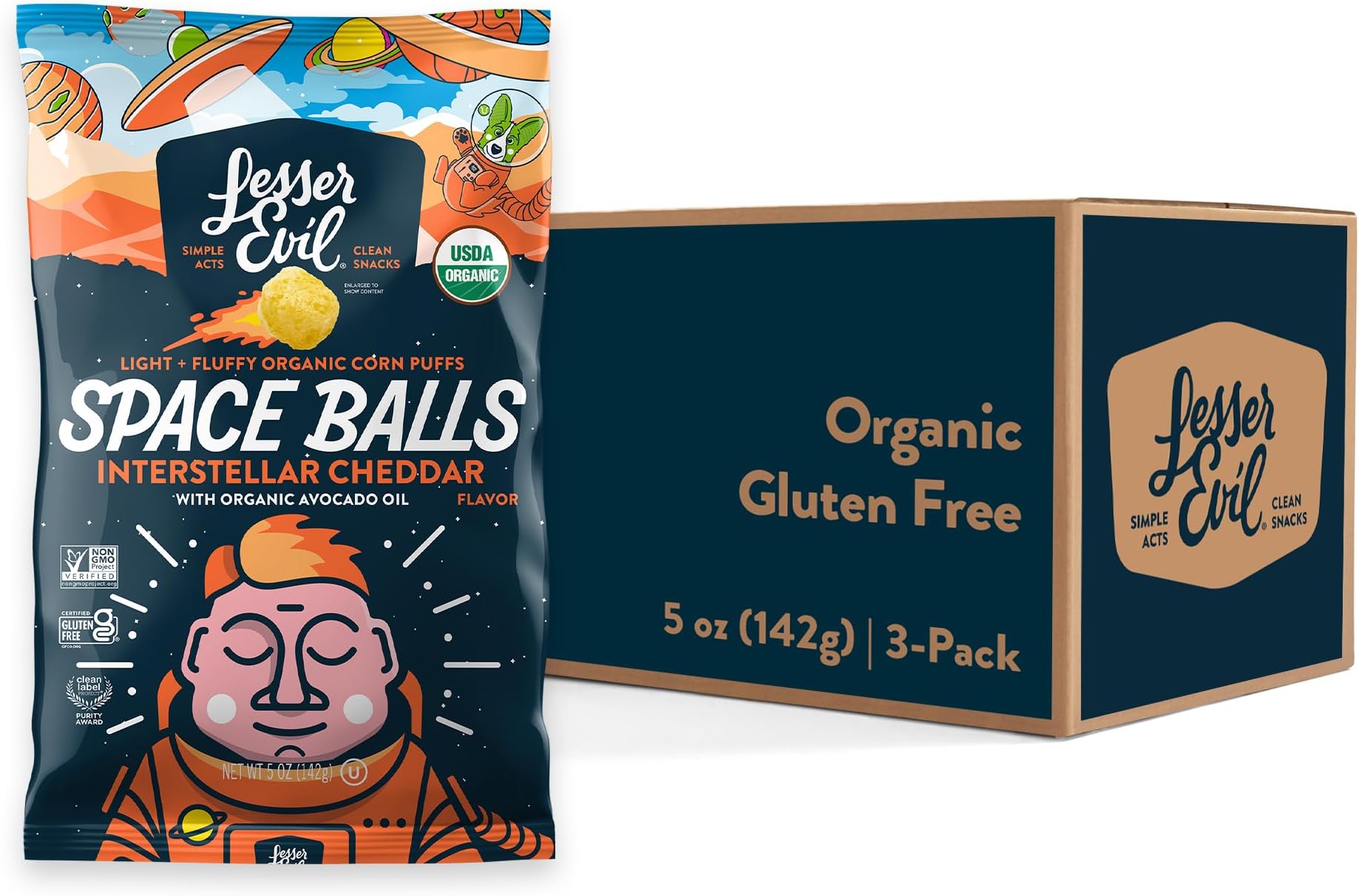 LesserEvil Interstellar Cheddar Space Balls, Premium Quality, Minimally Processed, No Vegetable Oil, 5 oz, Pack of 3
