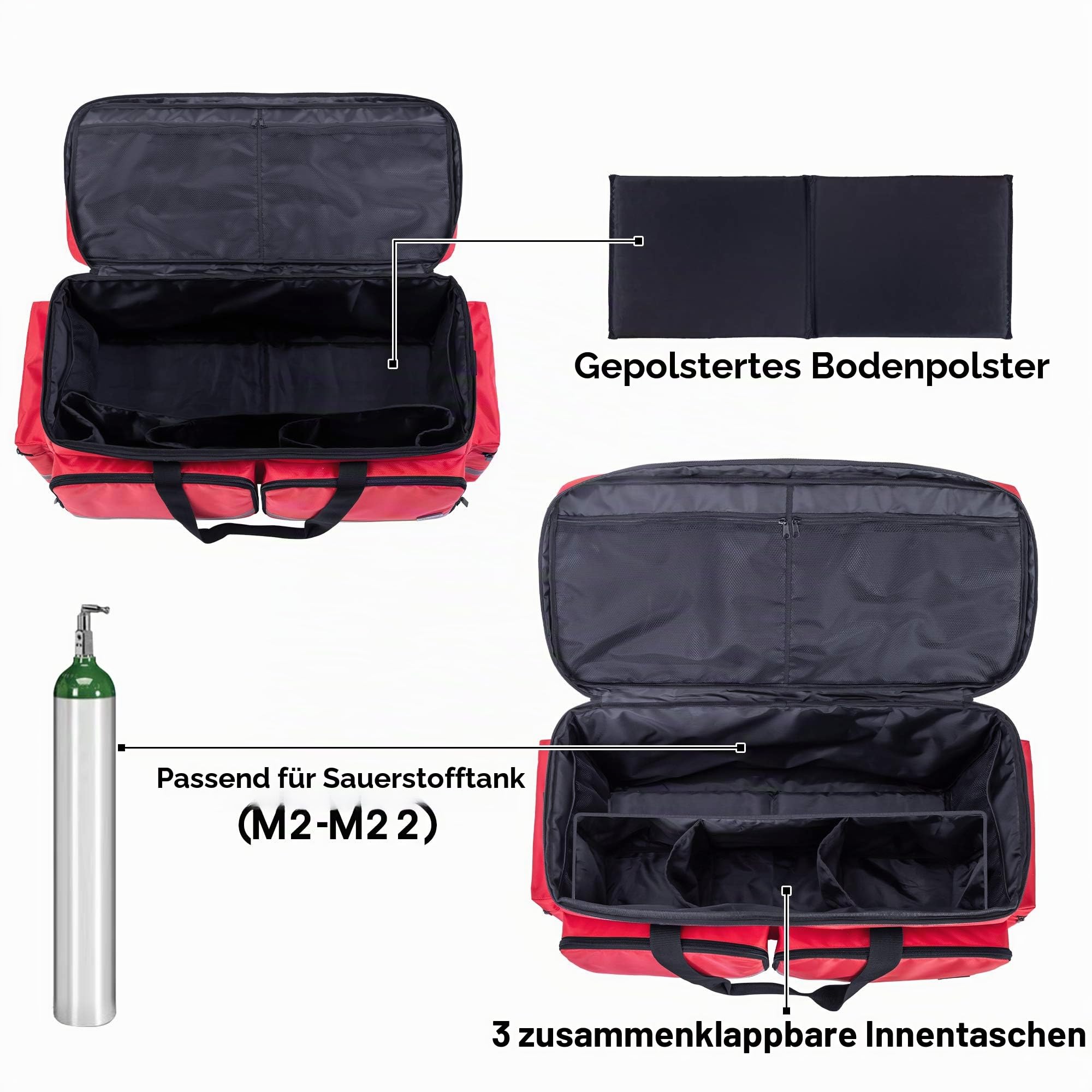 Trunab Arzttasche Medizinische Tasche Rot, Rettungstasche mit Tragbarem Sauerstoffflaschenfach (M2-M22), Schultertasche Robuste Sporttasche Große Kapazität mit vielen Taschen