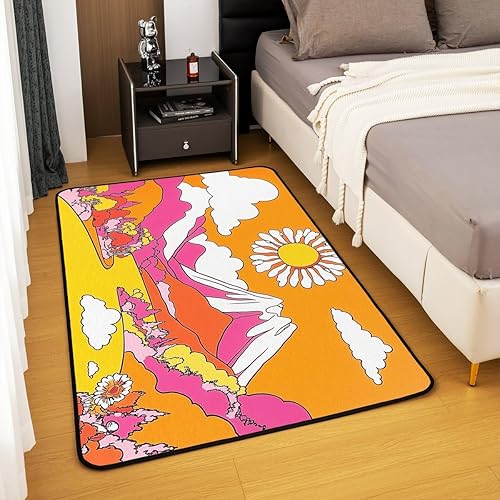 Miniatura 4 de jejeloiu Orange Groovy Flower Area Rug 5x7 Polyester Retro Floral Boho Living Room Rugs for Bedroom 70S Hippie Flowers Bohemian Decor Carpet Indoor