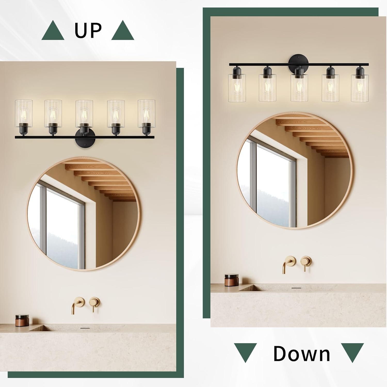Espird Bathroom Vanity Light Fixtures Matte Black Bathroom Lighting Fixture, 5 Lights Bathroom Light Fixture Over Mirror, Modern Black Vanity Light, Wall Sconces with Glass Shades