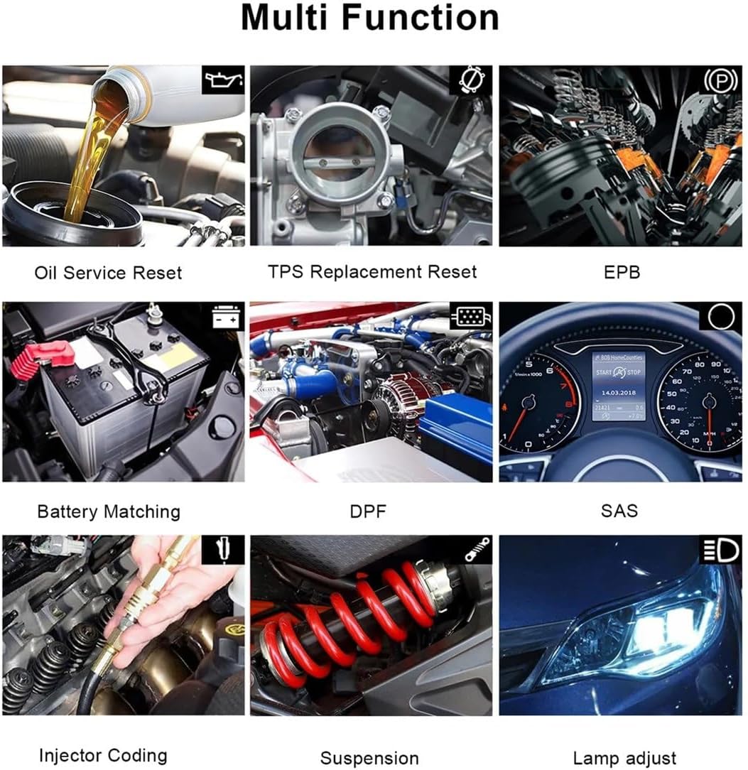 Grid of multi-functions including Oil Service Reset, TPS Replacement Reset, EPB, Battery Matching, DPF, SAS, Injector Coding, Suspension, Lamp adjust