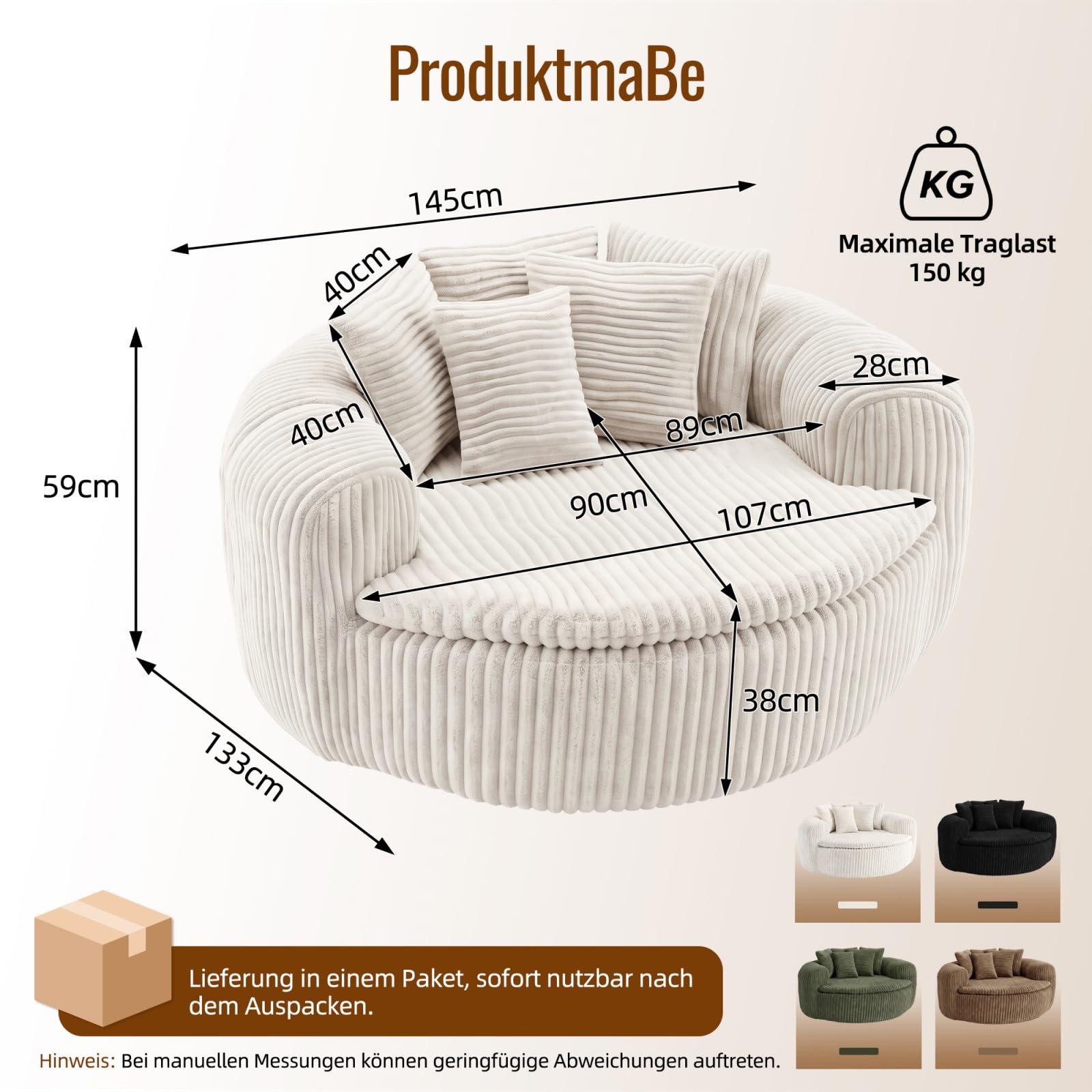 Sweiko Żebrowana okrągła aksamitna sofa z podłokietnikami i 5 poduszkami