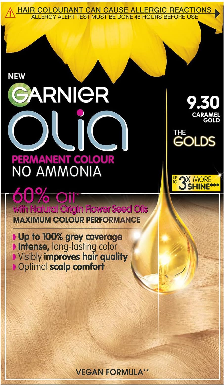 Garnier Olia 9.30 Caramel Gold, oil-powered, no-ammonia. 100% grey coverage. Luminous, long-lasting, vibrant caramel gold hair color with exceptional shine and softness.