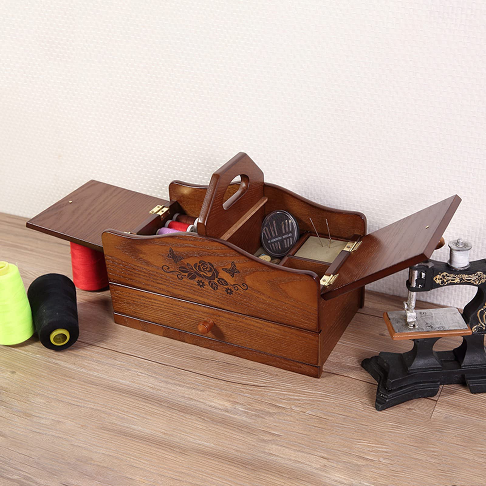 Cesta De Costura De Madera, Caja De Almacenamiento Expandible para Agujas E Hilos, con Cajones Y Asa De Fácil Transporte, Herramientas De Costura para El Hogar Y Bordado (Caja Vacía)