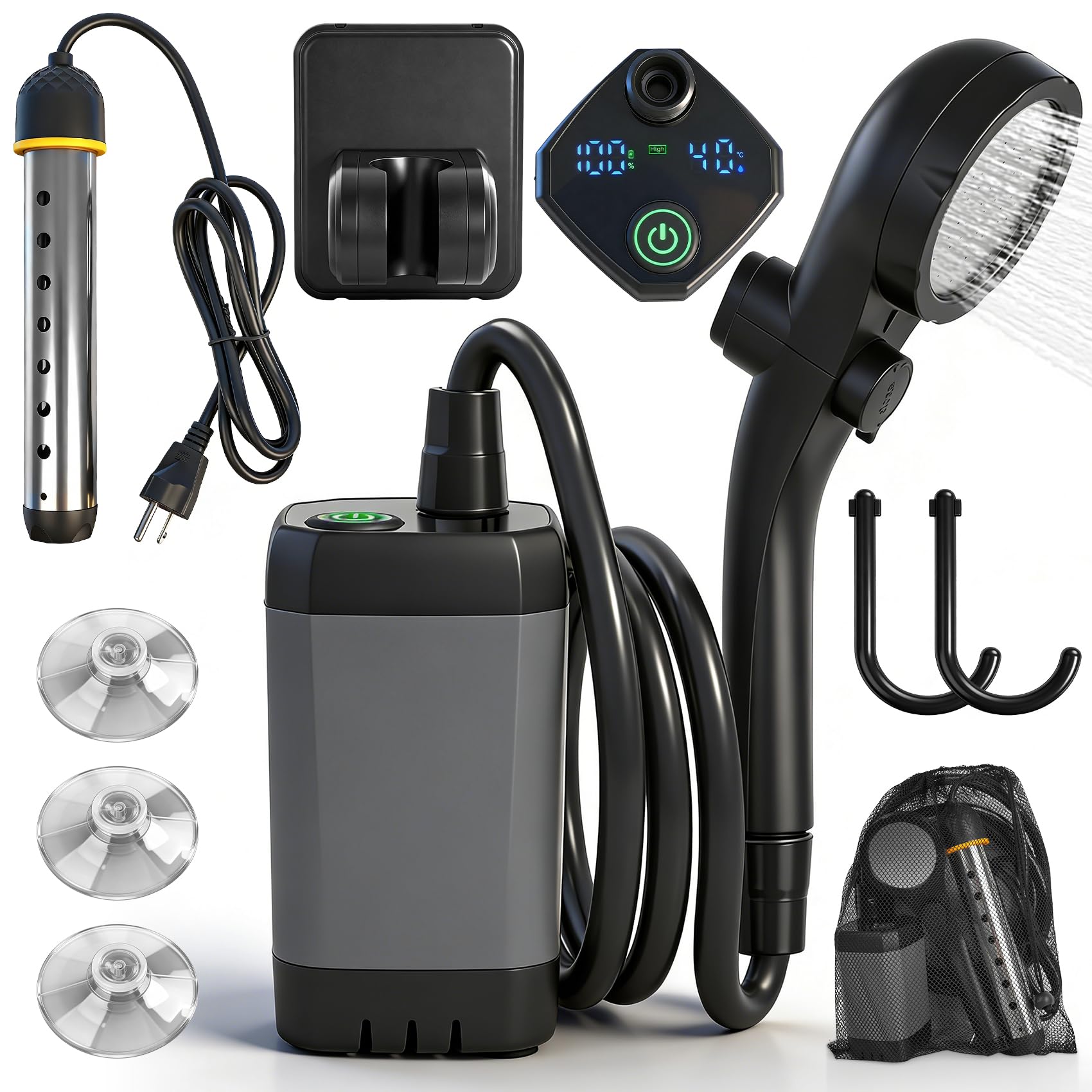 Ducha portátil para campamento con calentador de agua de inmersión, bomba de ducha recargable de 6000 mAh con pantalla LED inteligente, bomba de ducha de campamento al aire libre para senderismo