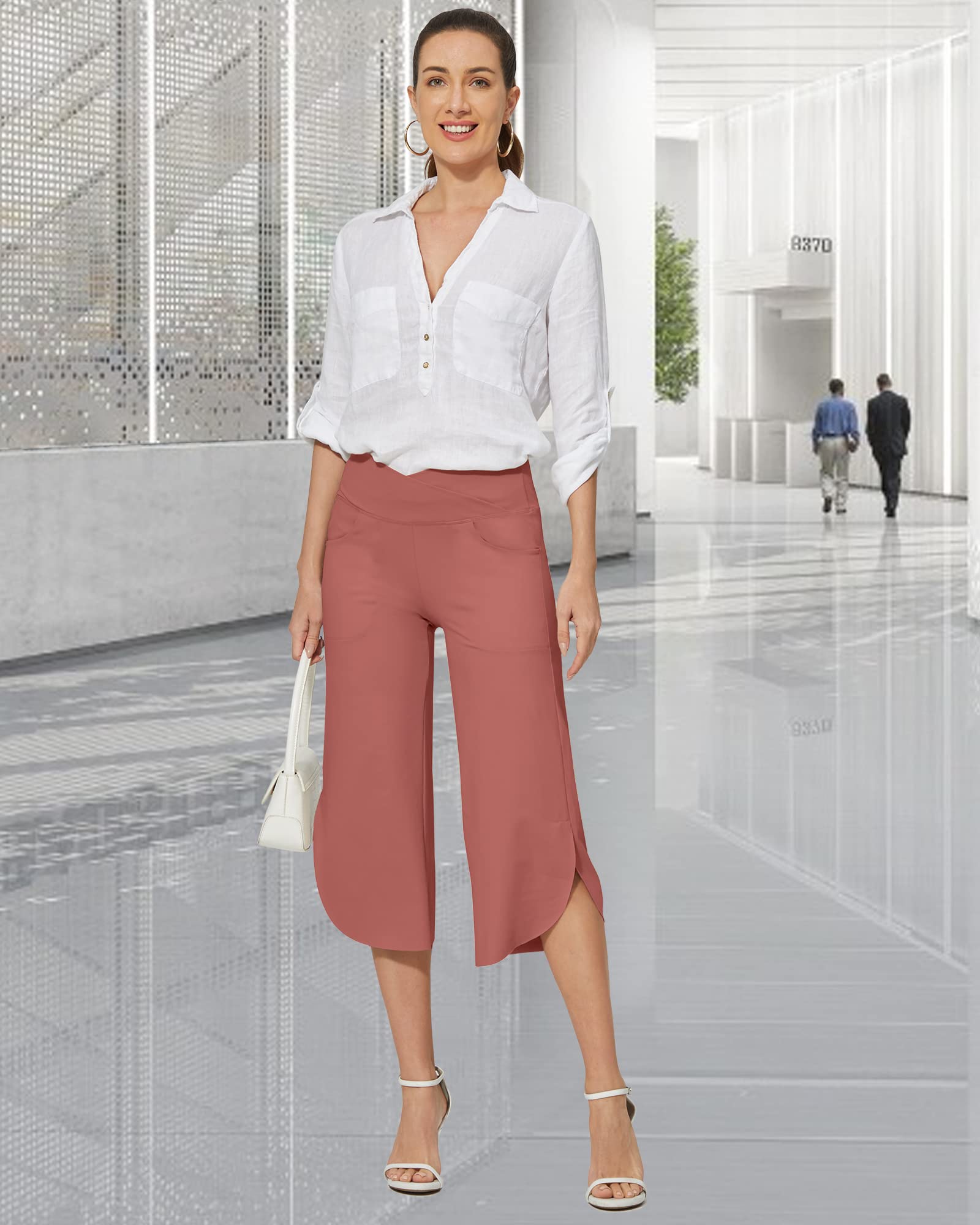 G4Free Caprihose Damen Sommer Mit Taschen Weites Bein Yogahose Lose Freizeithose Bootcut Stretch Hose Hohe Taille Jazzpants