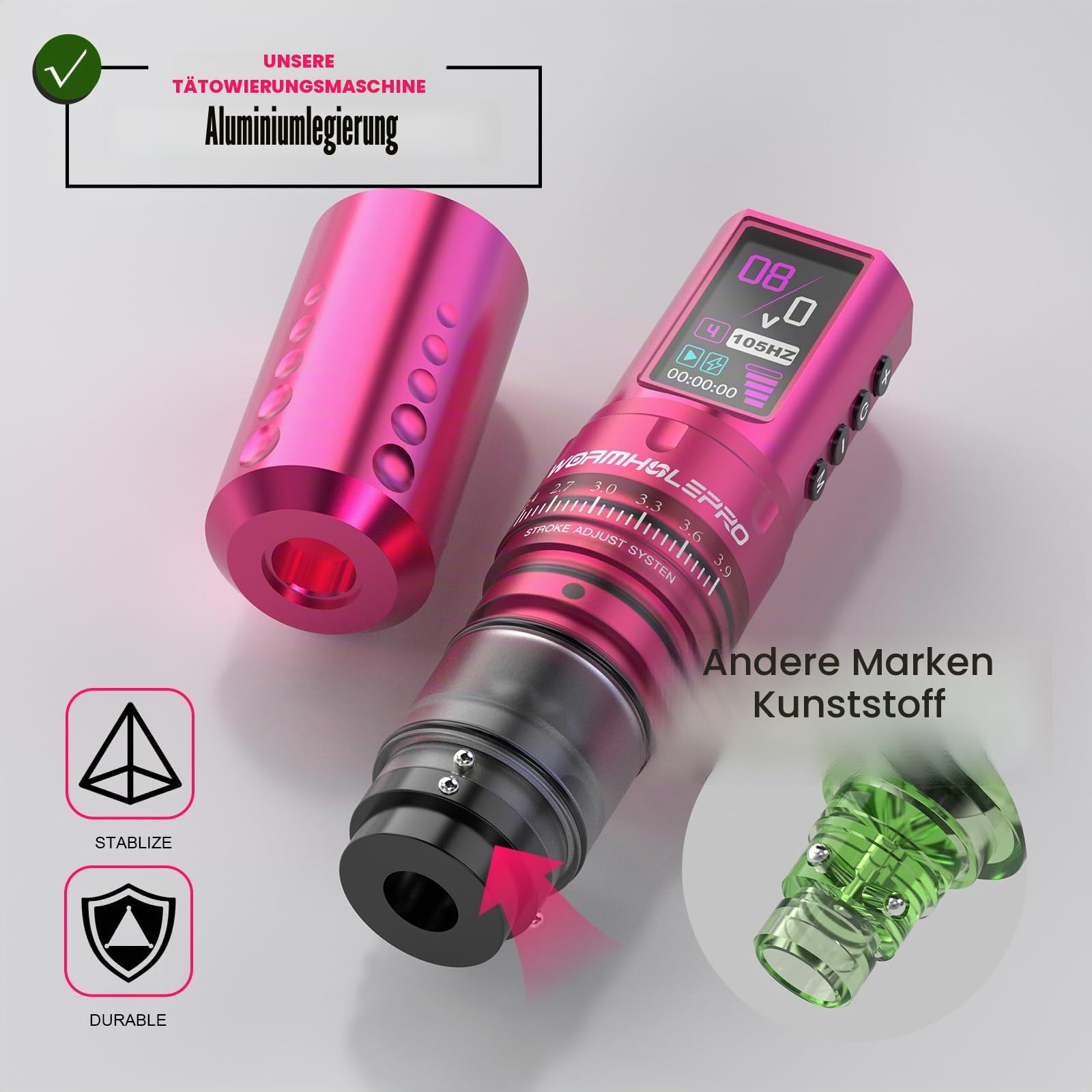 WORMHOLE PRO 80PCS Tattoo Gun Kit mit 7 einstellbaren Strichen, 1800mAh Kapazität Ersatz Netzteil, Digital LED Display, 20Pcs Tattoo Nadeln für Tattoo-Künstler - Rosa