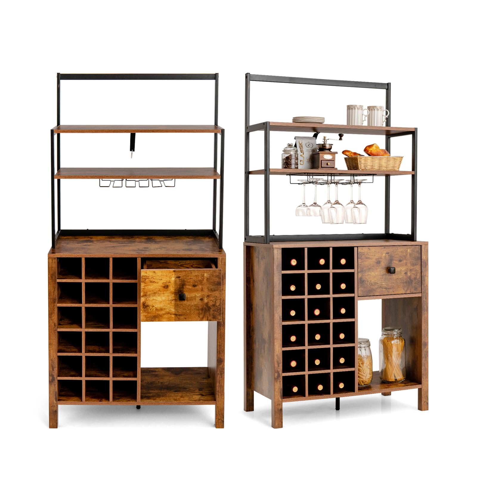 KOMFOTTEU Armoire de Cuisine avec casier à vin pour 18 bouteills, Buffet de Cuisine à 4 Niveau, Meuble Rangement avec Tiroir, 74 x 40 x 160 cm, Style Industriel