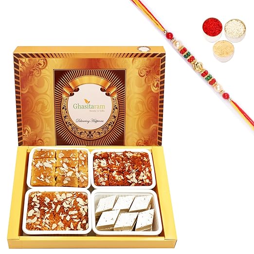 Ghasitaram Gifts Rakhi Gifts for Brothers Rakhi Sweets - Big Box of Kaju Katli, Mysore Pak, Dodha Barfi and Milk Cake with Pearl Beads Rakhi