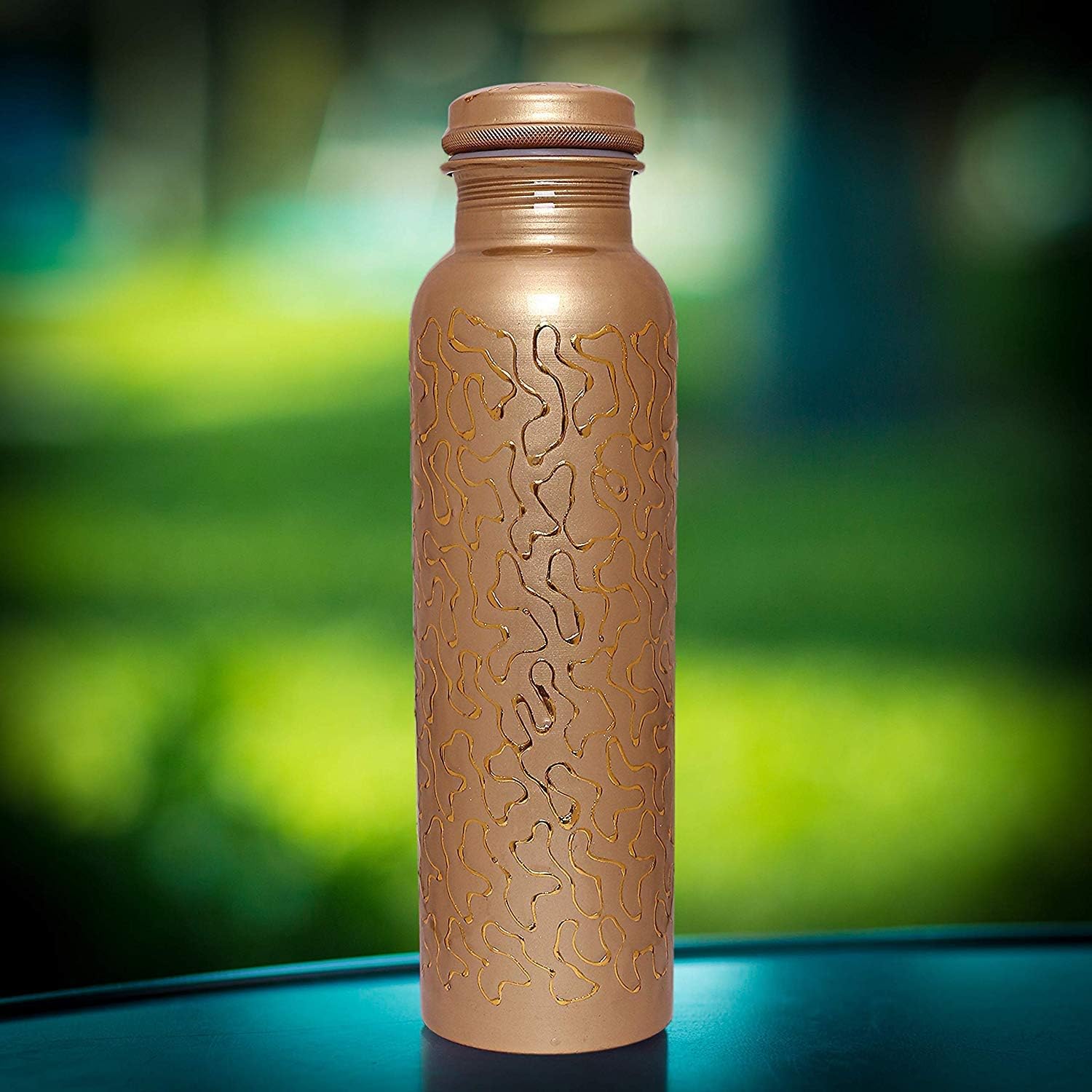 Trending Traditional Art Leak Proof Ayurveda Copper Bottle with Glass (1 L, Golden Glossy) Royal Gift Box (Design 16)