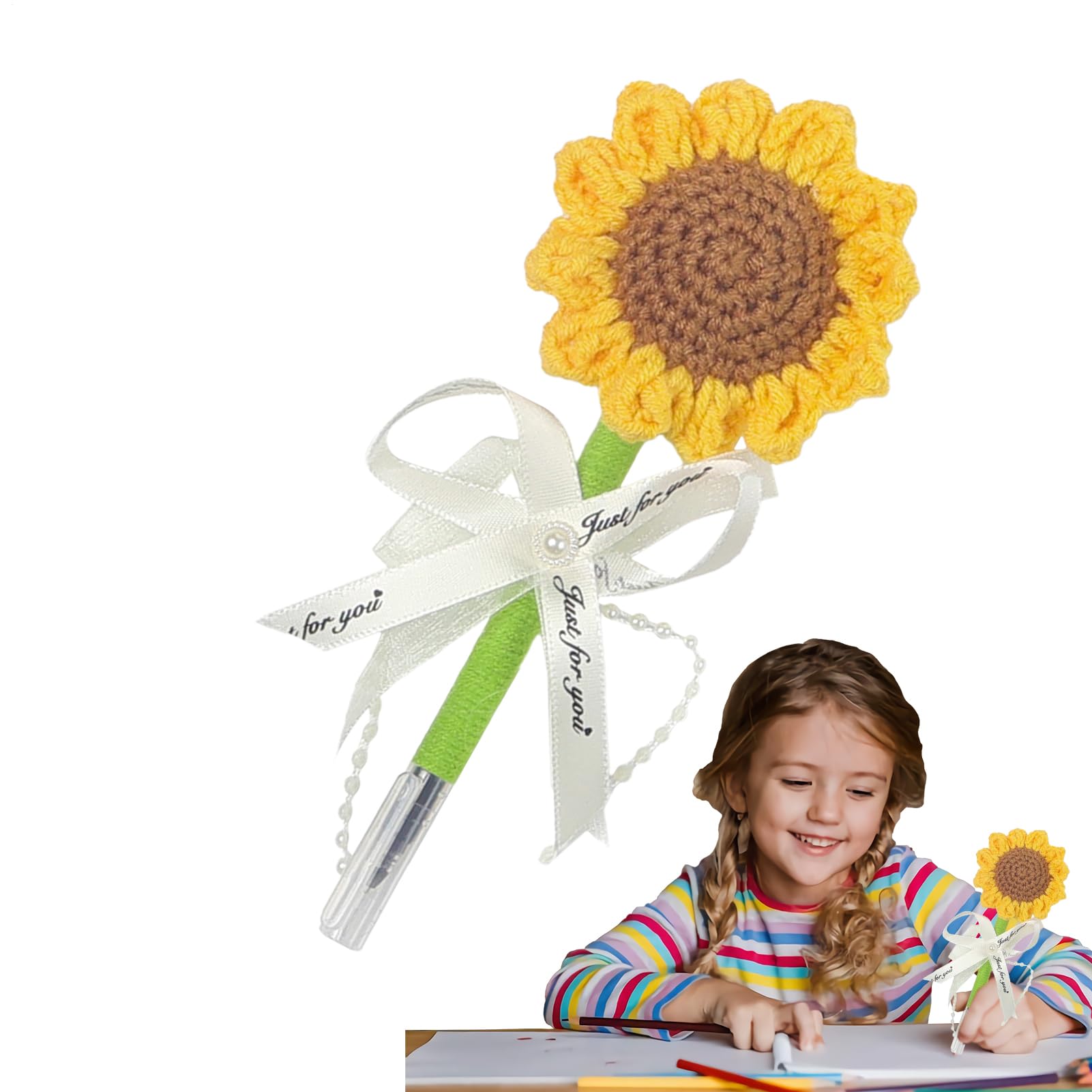Veeteah Sunflower Pen | Crochet Sunflower Decorative Pens,Handmade Knitted Flowers Non-Slip Stationery Supplies for Teacher Girls Women Guests