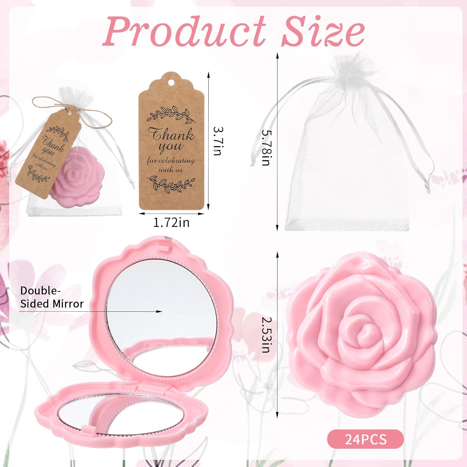 24 Set of Rose Compact Mirrors Quinceanera Wedding Party Favors Including Rose Shape Mirrors and Thank You Tags with White Organza Bags for Quinceanera, Wedding Party Guests Souvenir Gift