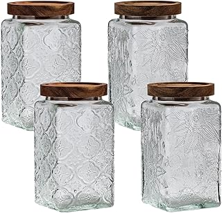 Vintage glass sealed storage jar with sealed wooden lid, Kitchen Storage glass food storage container for, coffee beans, oats, flour, cereal, food storage jar (2*Sunflower 2*plum blossom)