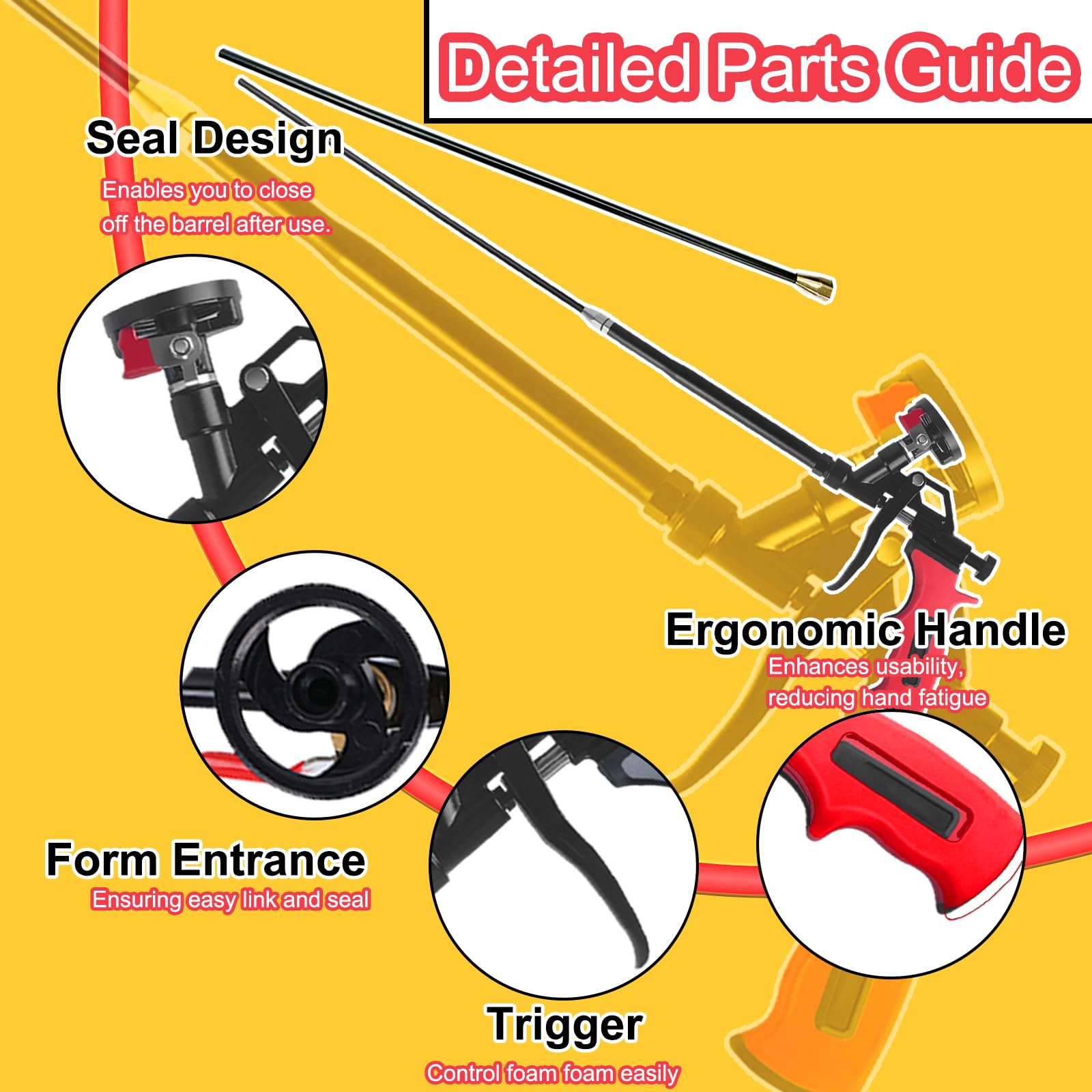 Pistola per schiuma estensibile 63cm - Cesto rivestito PTFE antiaderente, pistola professionale per schiuma espandente, isolamento, calafataggio, riempimento, sigillatura (Rossa)