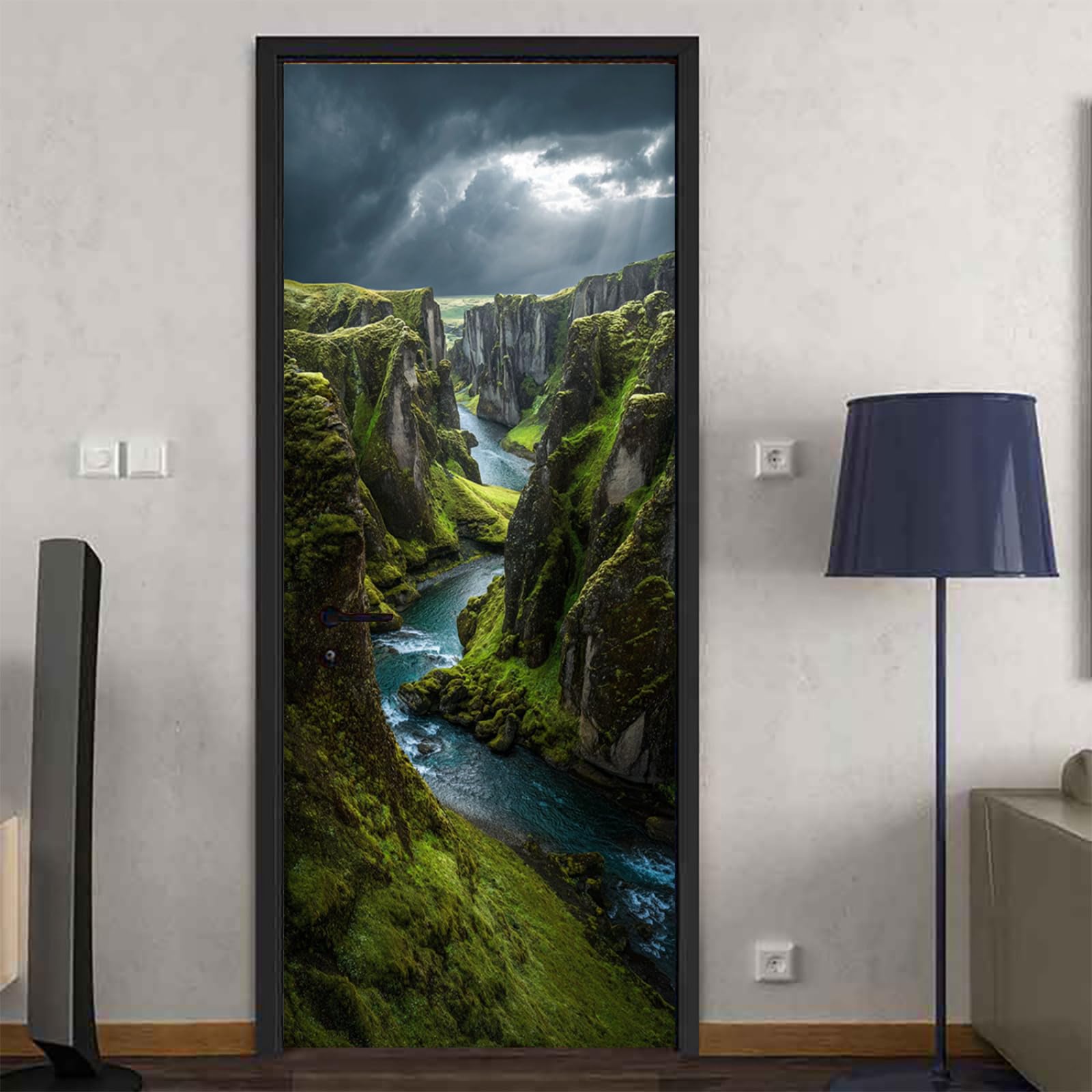 Stickers porte placard PVC etanche et lavable avec trompe l'oeil cascade naturelle 90x200cm