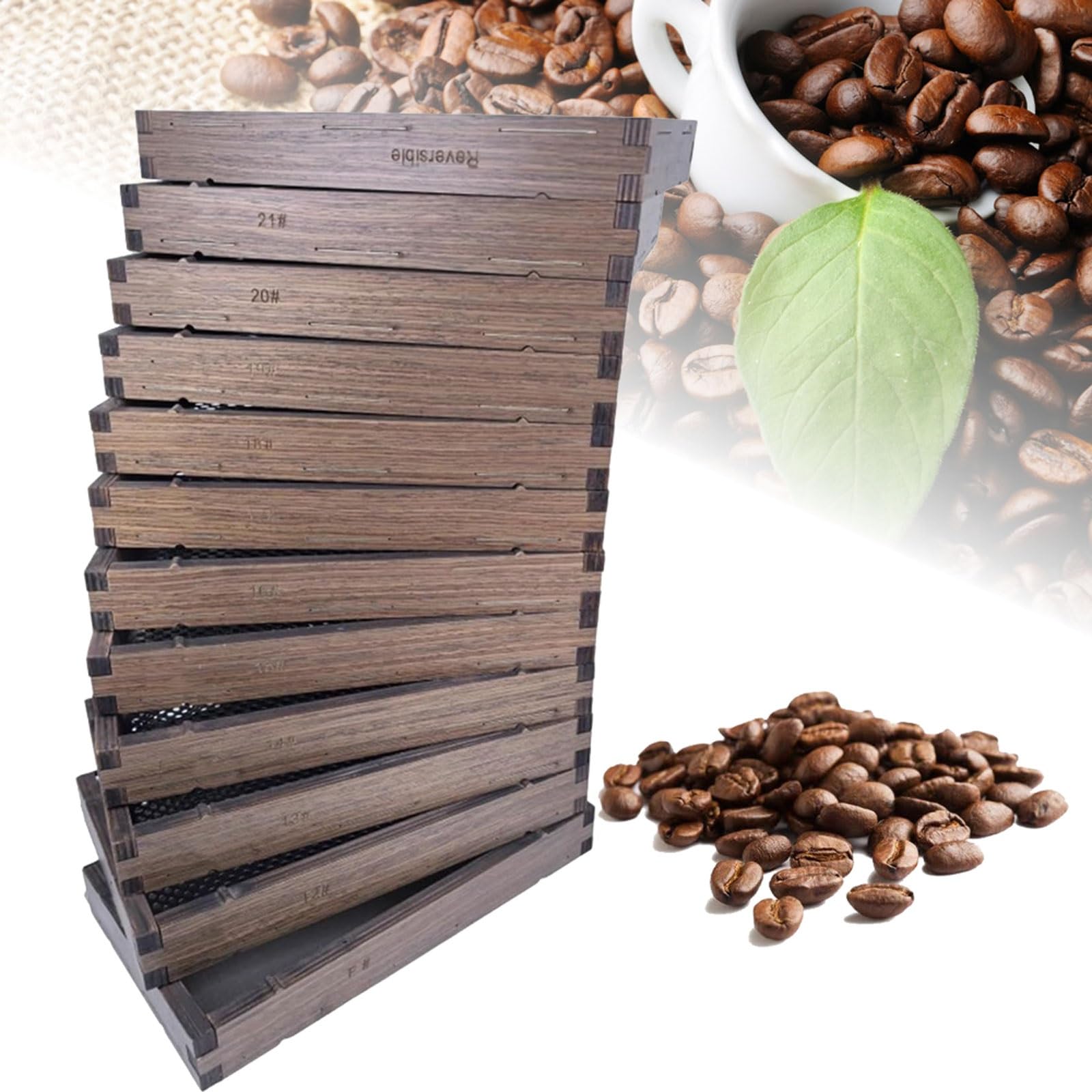 Genérico Juego de tamiz de clasificación de Granos de café, tamiz de Granos de 10 Grados con Mallas de Malla 12-21, Pantalla de Acero Inoxidable y Marco de Madera, horneado preciso con Maleta(A)