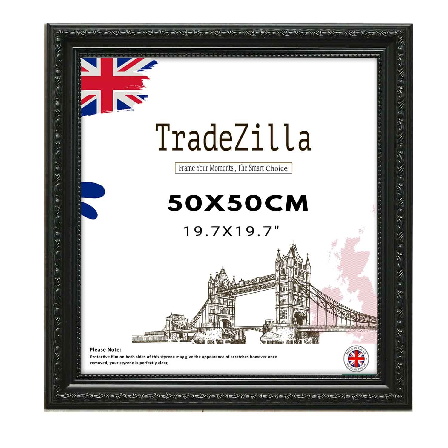 TradeZilla Antique Style Square Frame 50X50cm- Ornate Shabby Chic Black Picture/Photo/Poster Vintage Frame with MDF Backing Board Perspex- For Gift Wall Gallery Home Décor-50X50 CM (19.7X19.7)