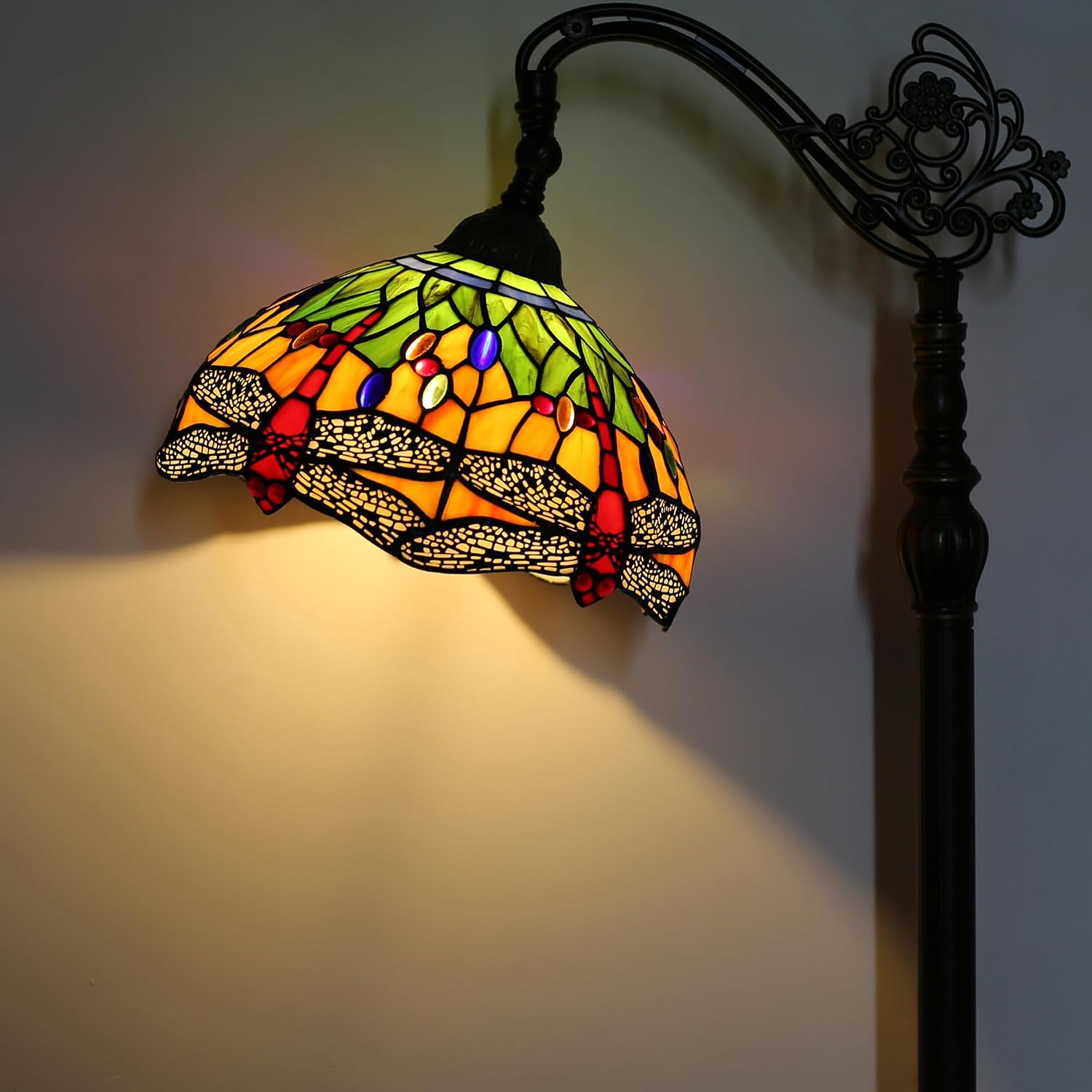 Tiffany Floor Lamp Stained Glass Lamp 18.88X12X67 Inch Angle Adjustable Arched Gooseneck Antique Reading Light (Red Dragonfly)
