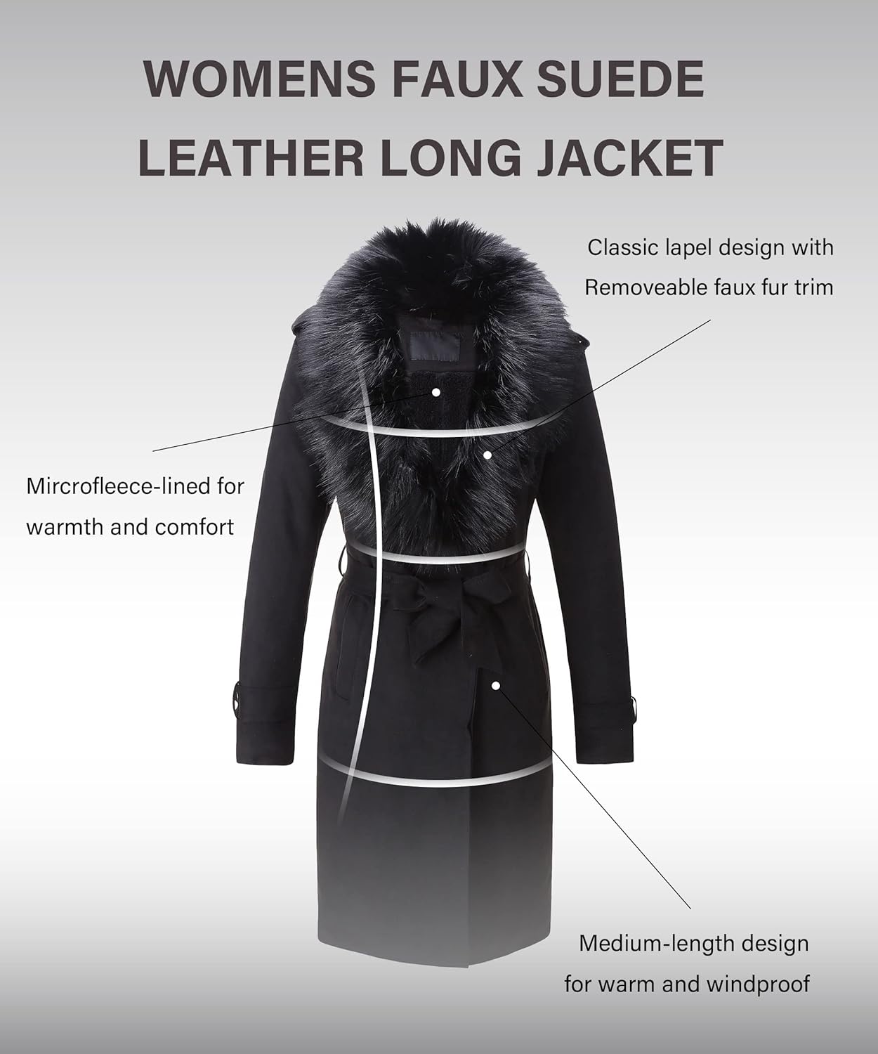Bellivera Women Faux Leather Trench Coat Fleece-Lined Mid-length Jacket with Detachable Fur Collar - Image 3